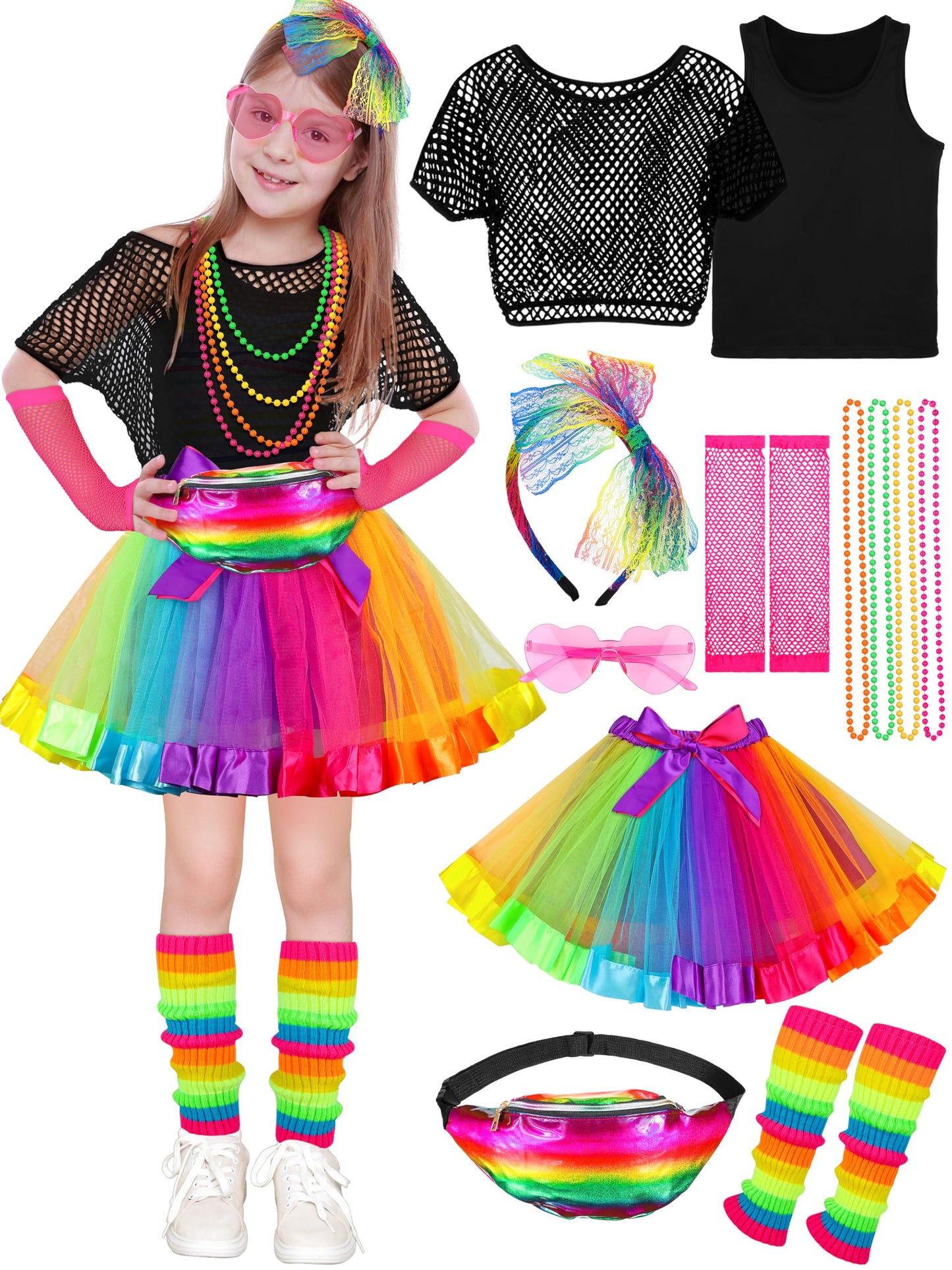 Girls' 80s Rainbow Costume Accessories Set – 14 Piece for Kids