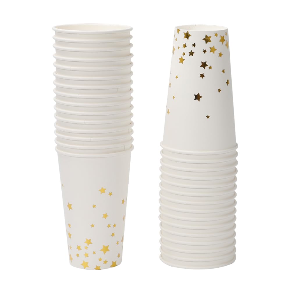 Geeklife 16 oz Disposable Gold Stars Paper Coffee CupsHot and Cold Beverage Drinking Cups30 pcs Party Paper Cups for PartyPicnicTravel and Events