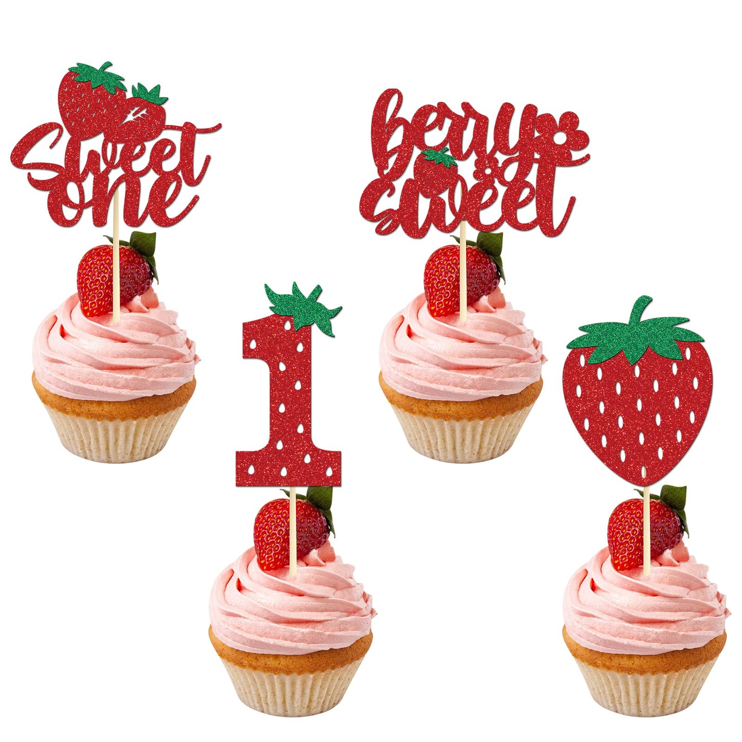 Sweet One Strawberry Glitter Cupcake Toppers – 36 Pack