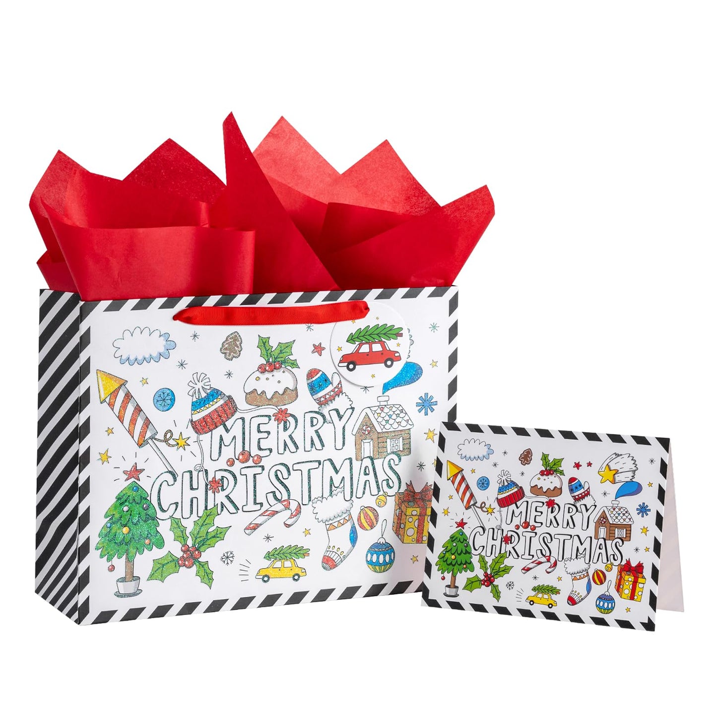 Christmas Cartoon Gift Bag with Tissue and Card