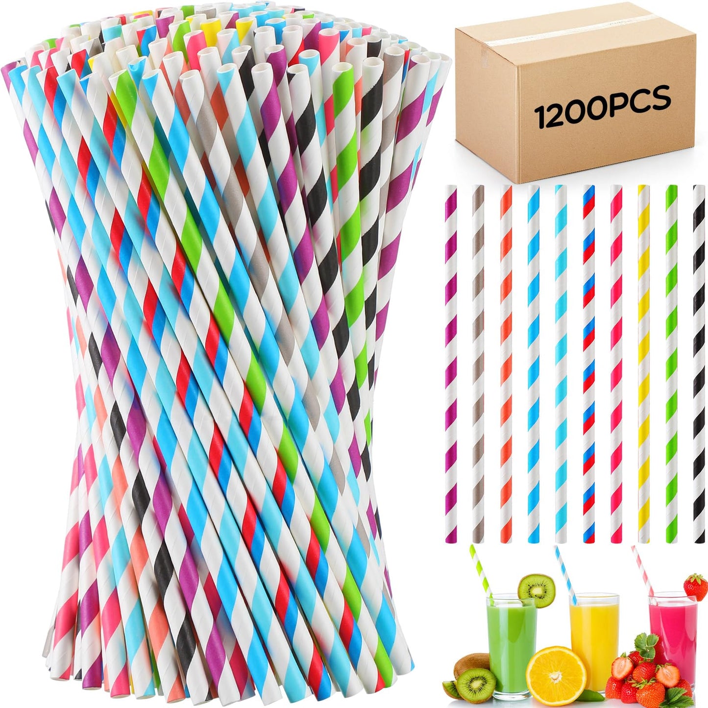 Eaasty 1200 Pcs Paper Straws Bulk Disposable Striped Drinking Paper Straws 7.87 Inches 0.24 Diameter Paper Drinking Straws for Juice Shakes Cocktail Wedding (Fresh Colors)