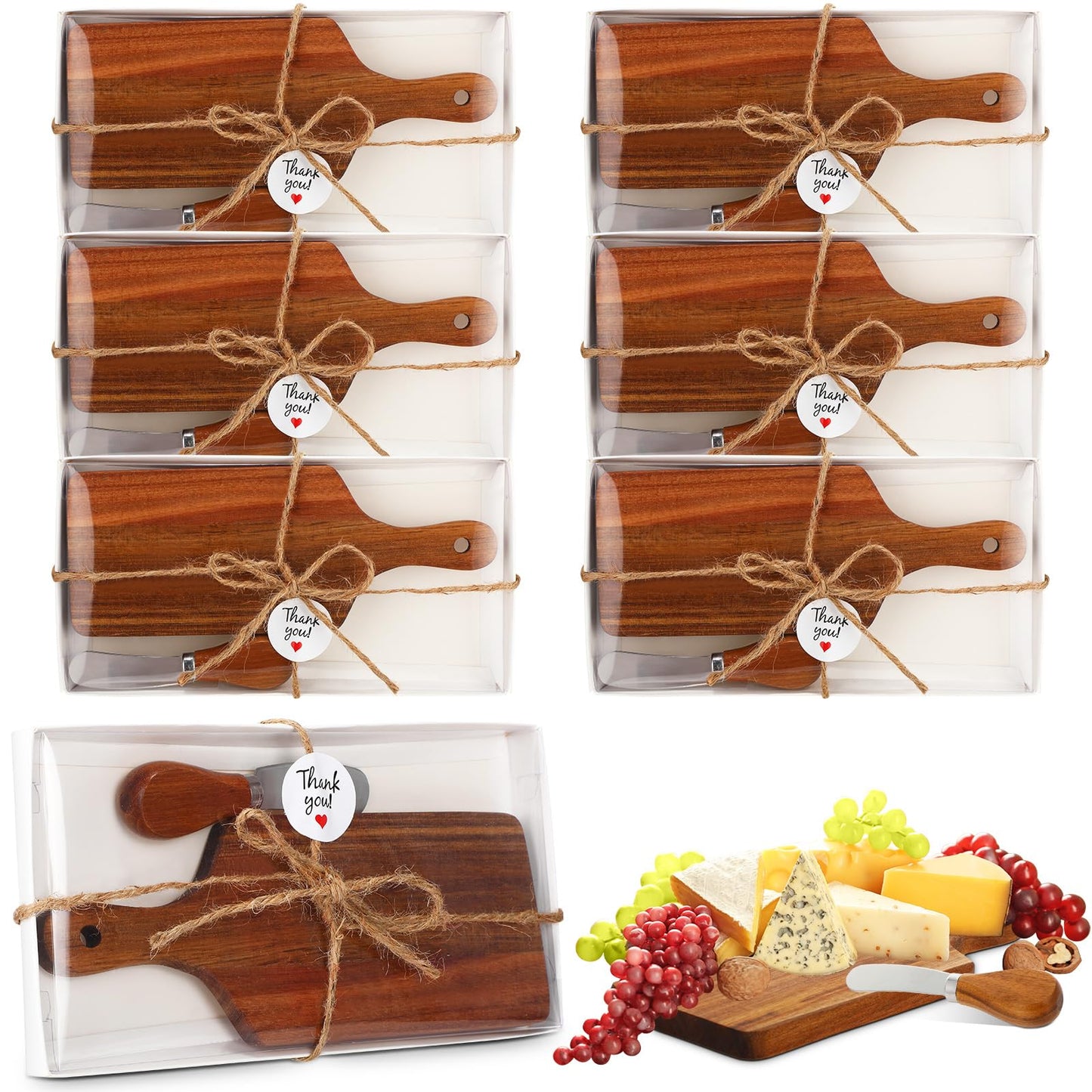 Tioncy 6 Pack Cheese Board and Cheese Spreader Knive Set Cutting board bulk with Gift Boxes Mini Charcuterie Boards Serving Board for Christmas Wedding Bridal Shower Birthday Supplies (Acacia Wood)
