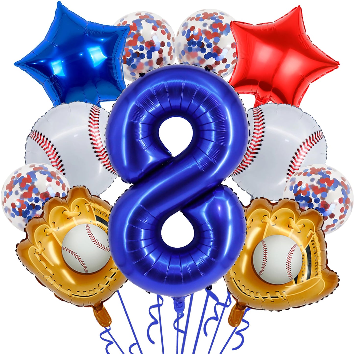 Baseball Birthday Party Balloons 32 Inch Navy Blue Foil Number 8 Balloon Baseball Glove Foil Balloon Red Blue Star Confetti Balloon for 8th Birthday Sports Theme Party Supplies