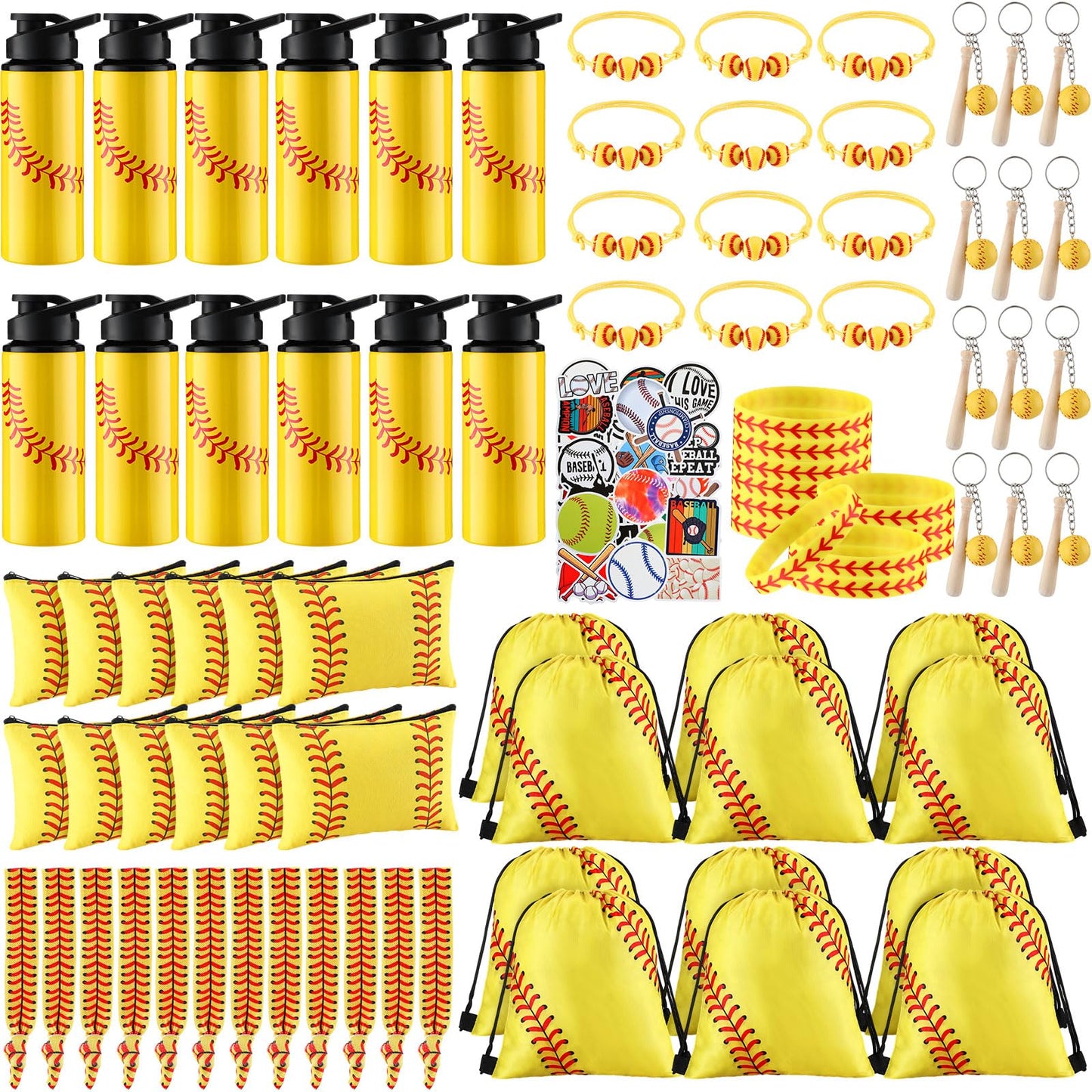 Softball Party Favours Set – 134 Piece, Bags, Bracelets & Water Bottles