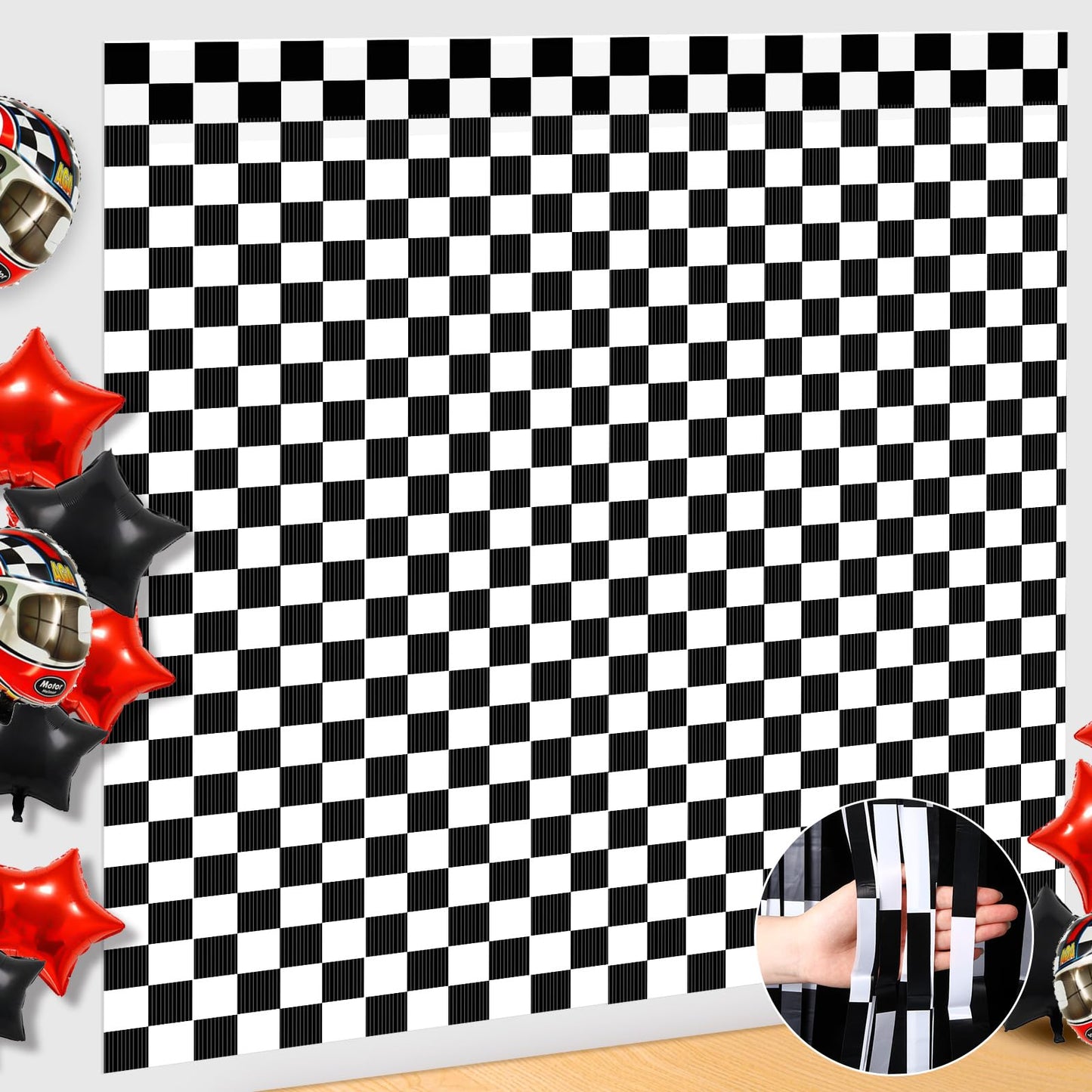 Race Car Checkered Foil Fringe Backdrop Curtains – 2 Pack