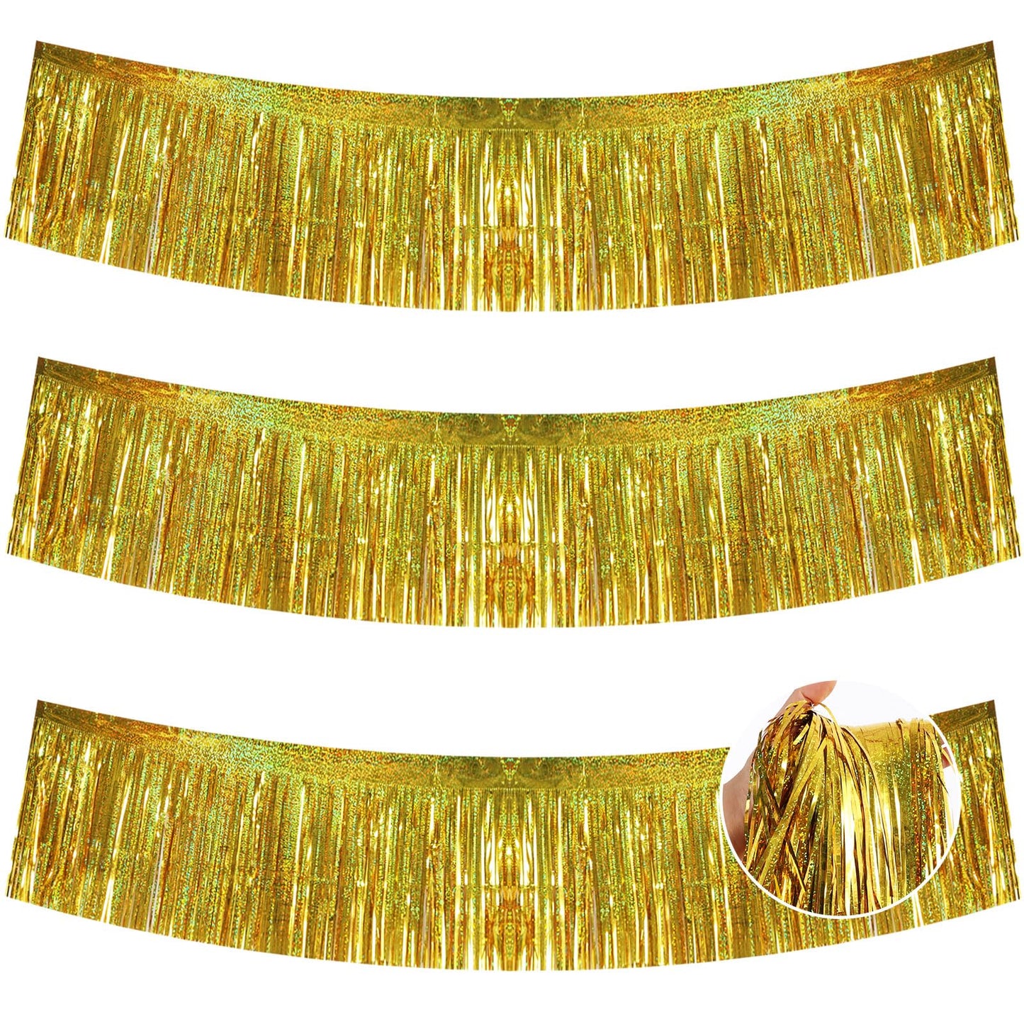 Laser Gold Metallic Foil Fringe Garland Tinsel Streamer – 3 Pack, 30 Feet