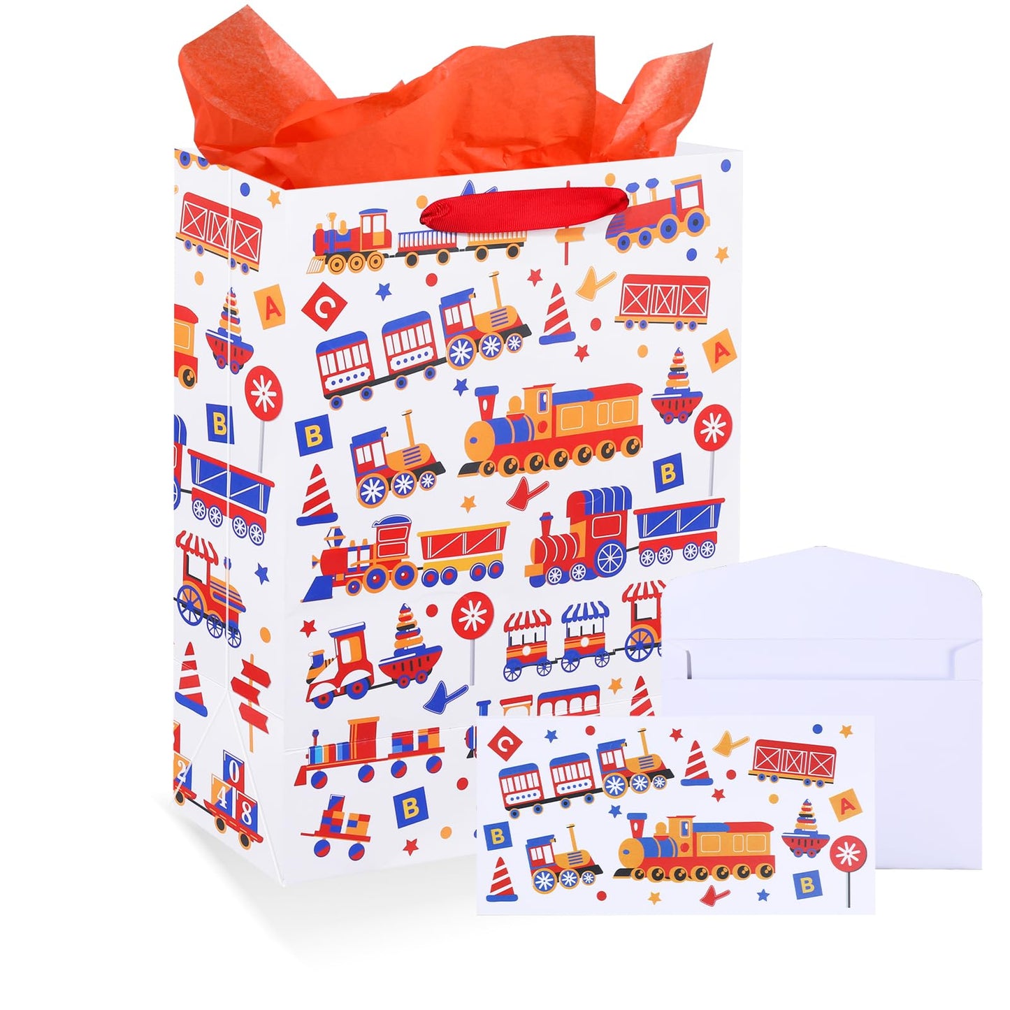 Train Birthday Gift Bag with Card and Tissue Paper