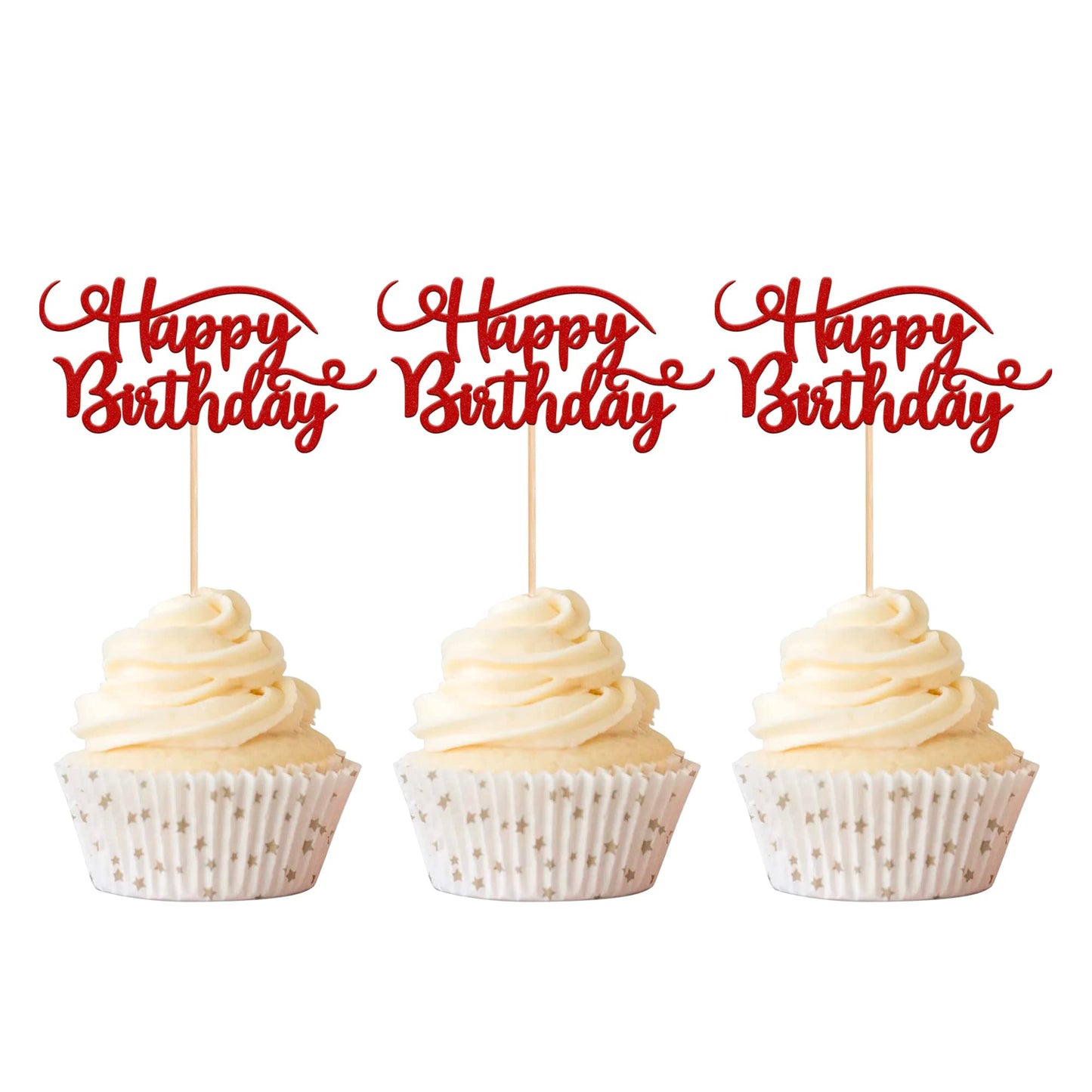 Red Glitter Happy Birthday Cupcake Toppers - 24 ct