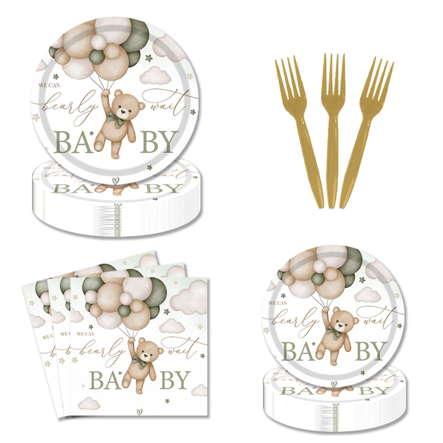 We Can Bearly Wait Bear Party Tableware – 96 Piece, Serves 24