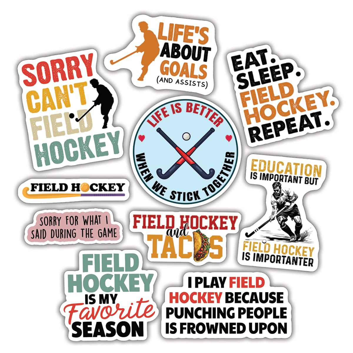 (10pcs) Field Hockey Stickers Funny Field Hockey Ball Hockey Decals Funny Gifts Multiple Different Design Waterproof UV- Resistant Suitable for Tumbler Laptop Car Truck