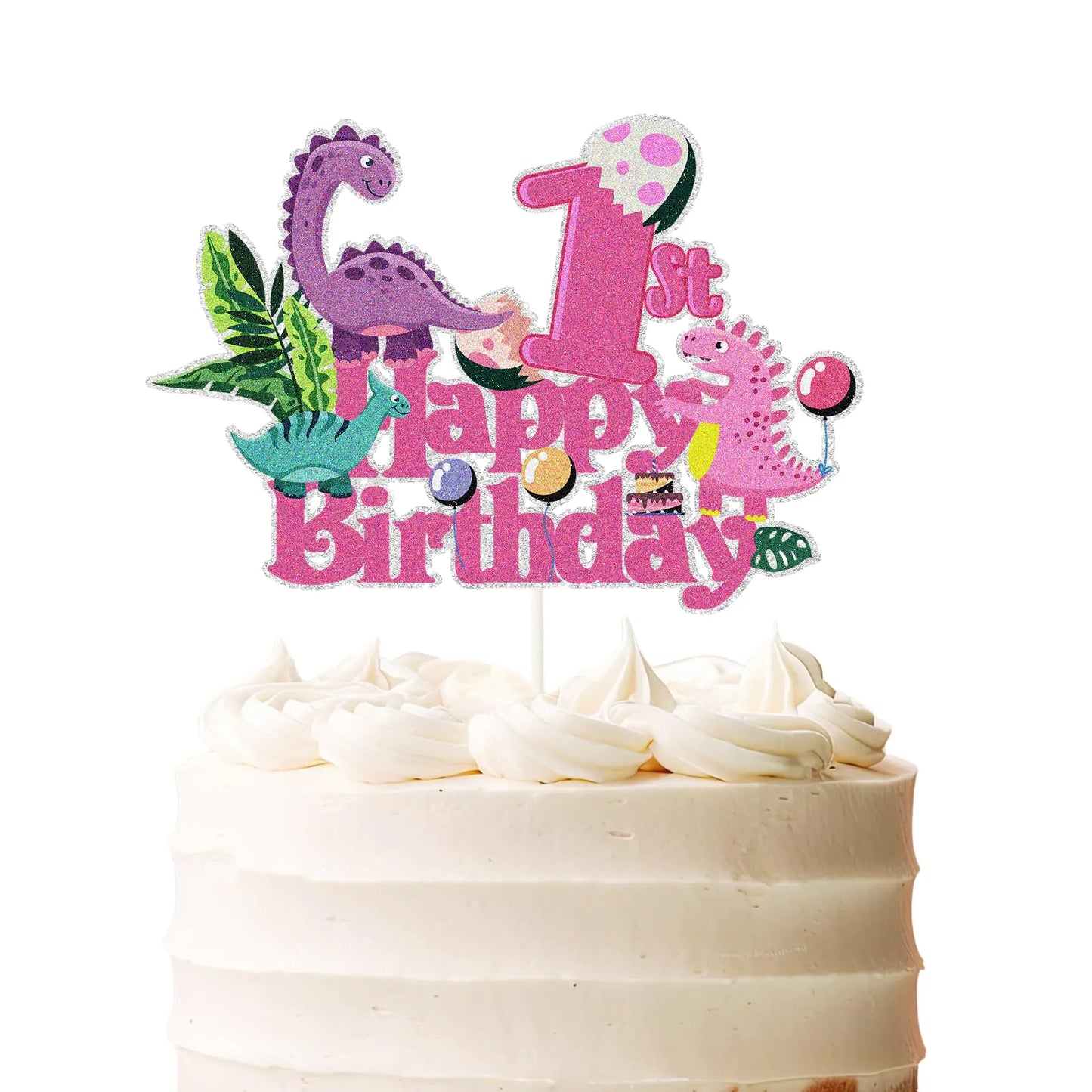 Pink Dino Princess 1st Birthday Cake Topper
