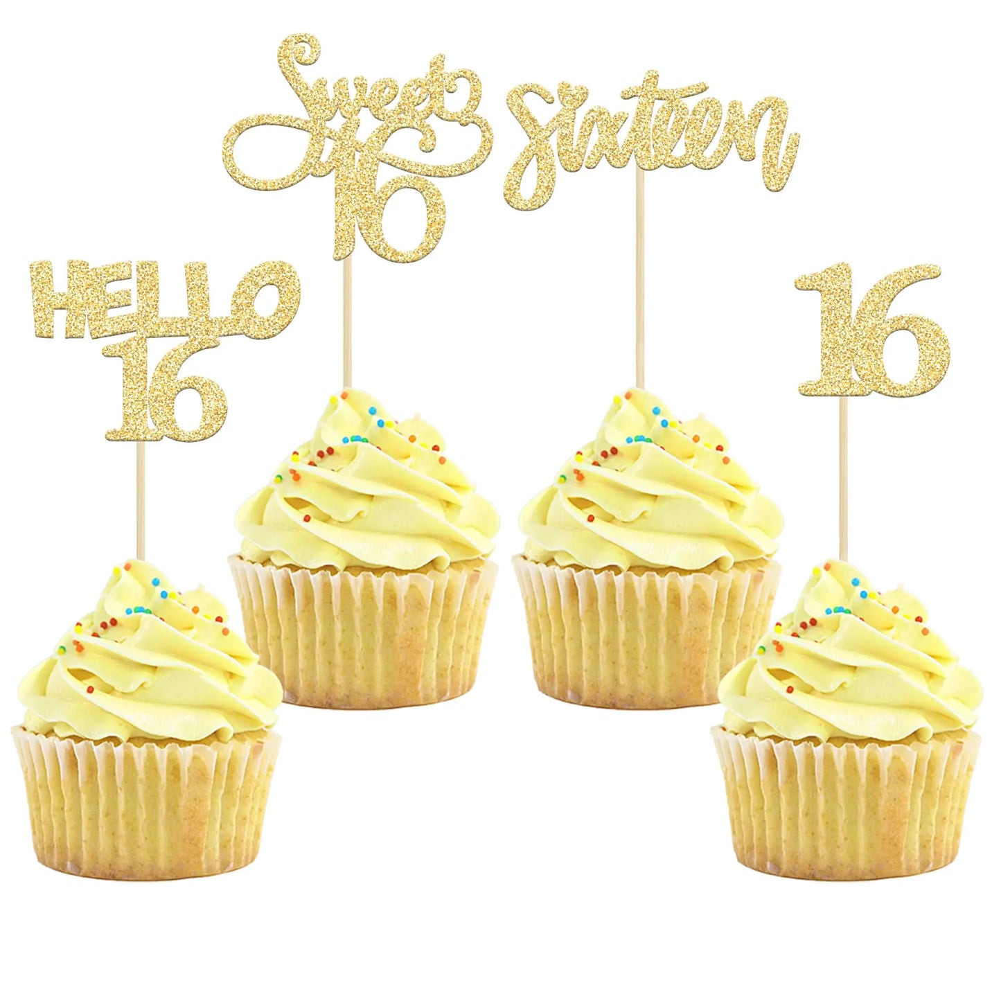 Gold Glitter Sweet 16 Cupcake Toppers