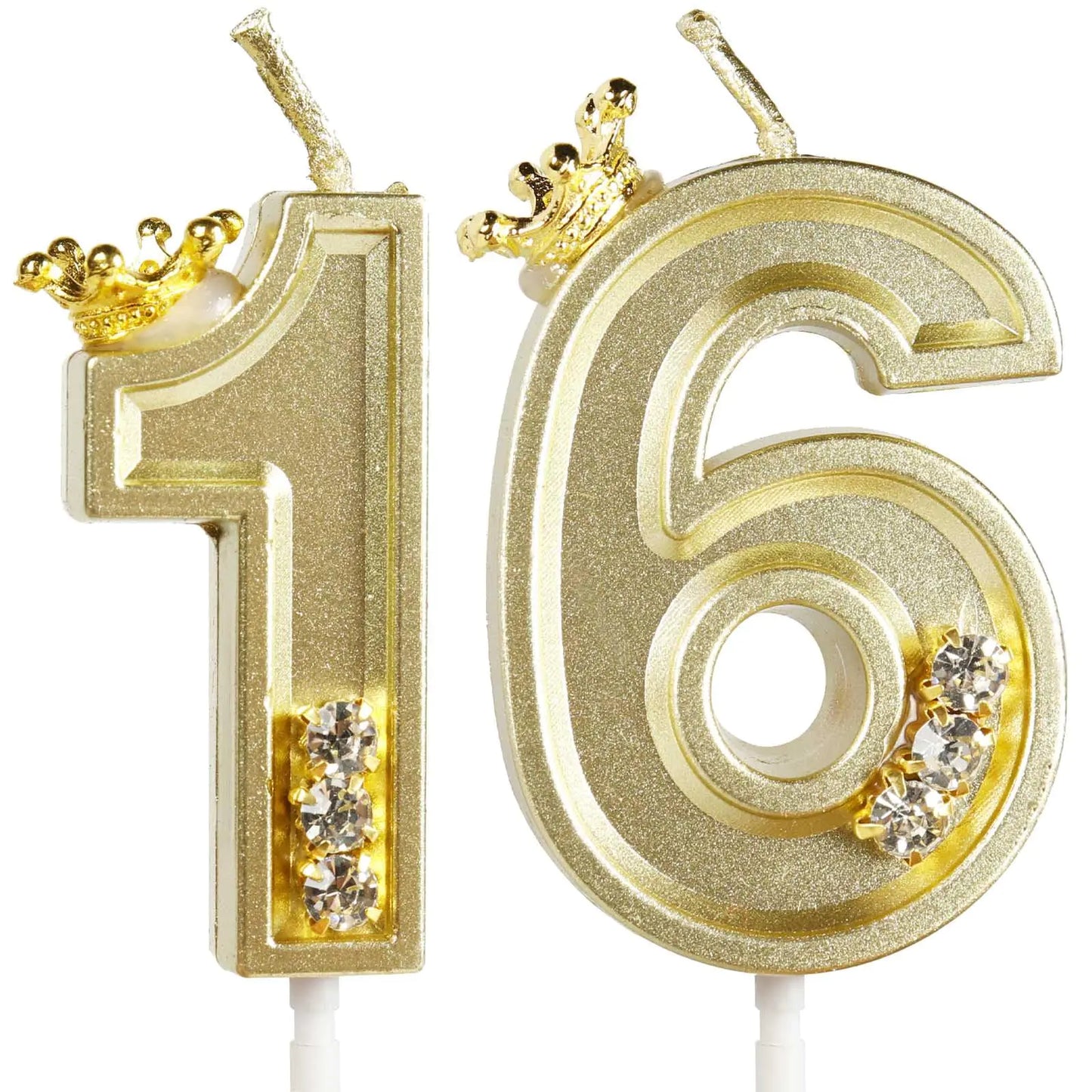 Gold 16th Birthday Candles with Crown & Diamond Detail
