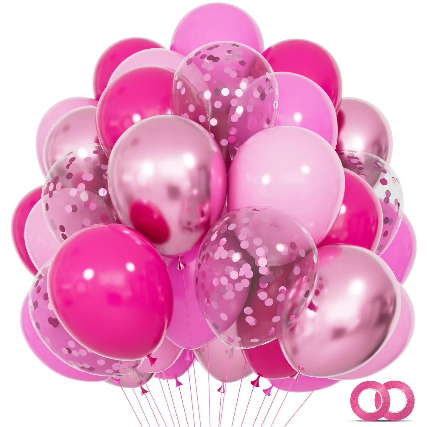 68-Piece Pink Balloon Kit – Hot Pink, Baby Pink, Metallic & Confetti 12" Balloons with Ribbon