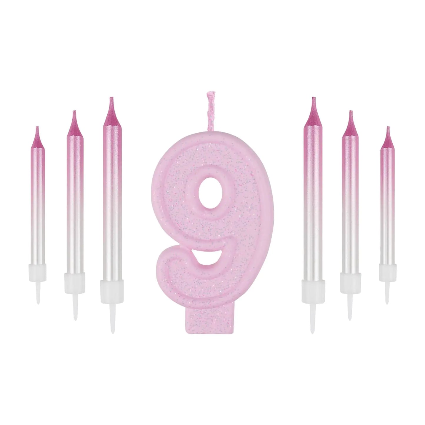 9th Birthday Pink Glitter Candle Set