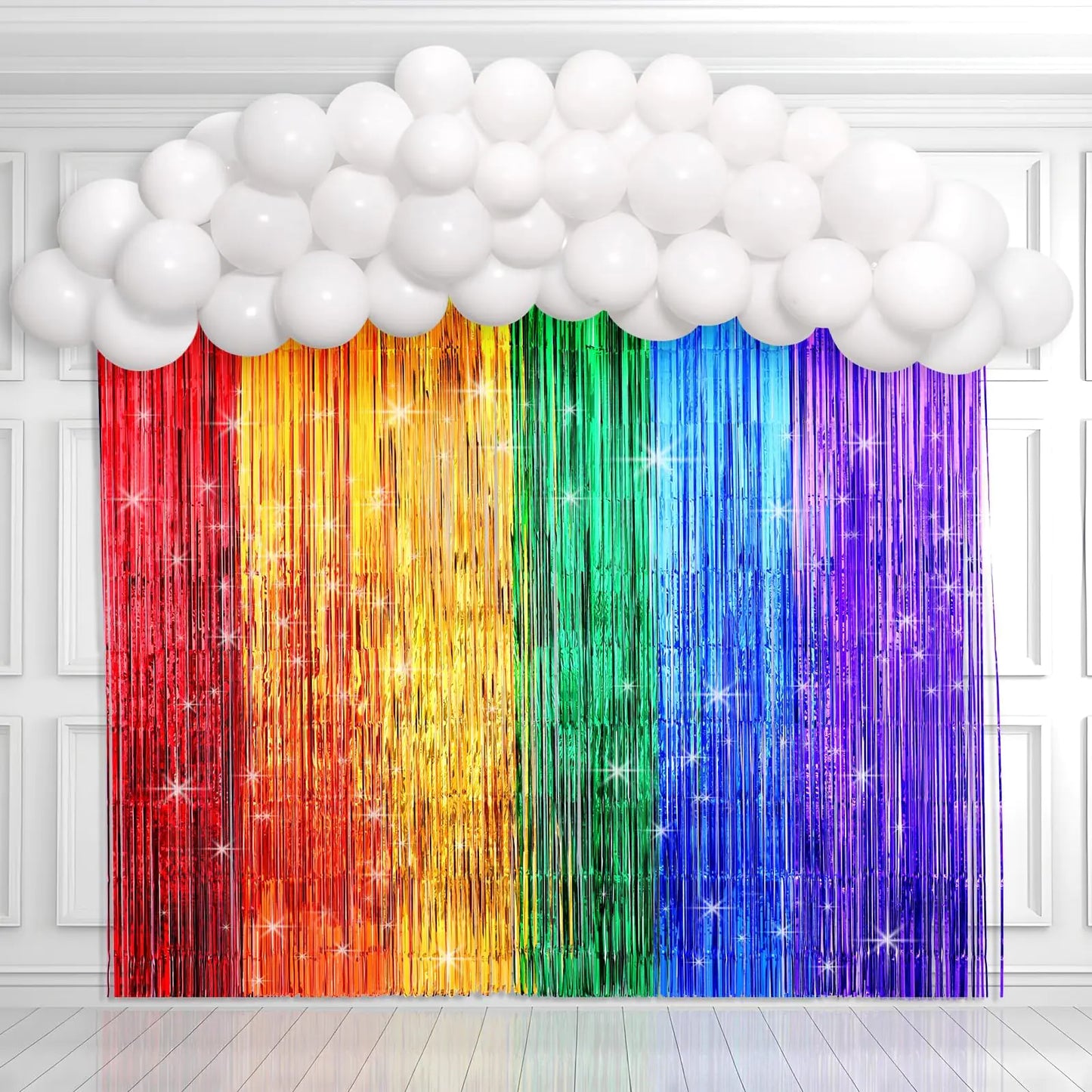 Rainbow Balloon Arch & Fringe Backdrop Kit – 63+ Piece