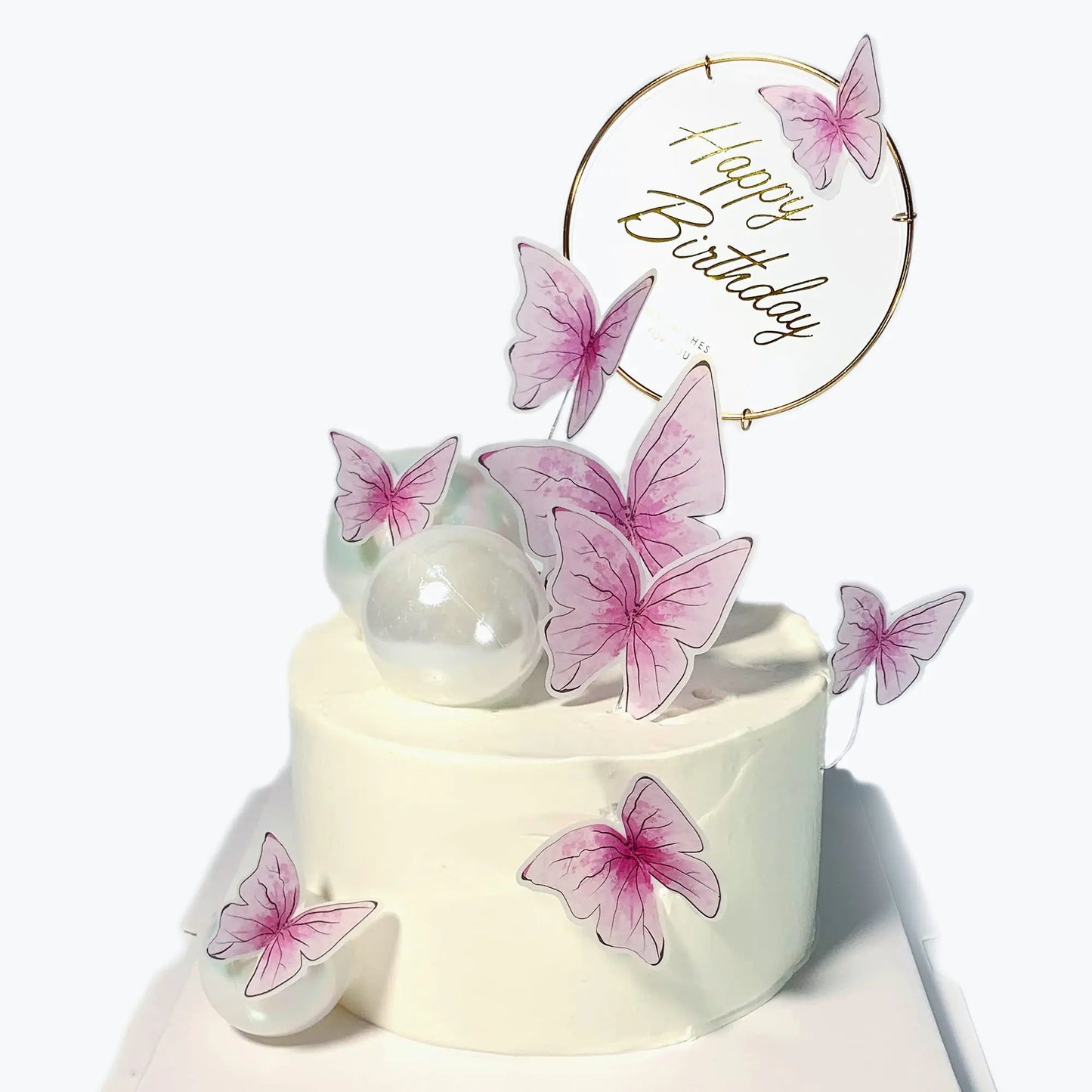 Pink Butterfly & Gold Happy Birthday Cake Topper Set