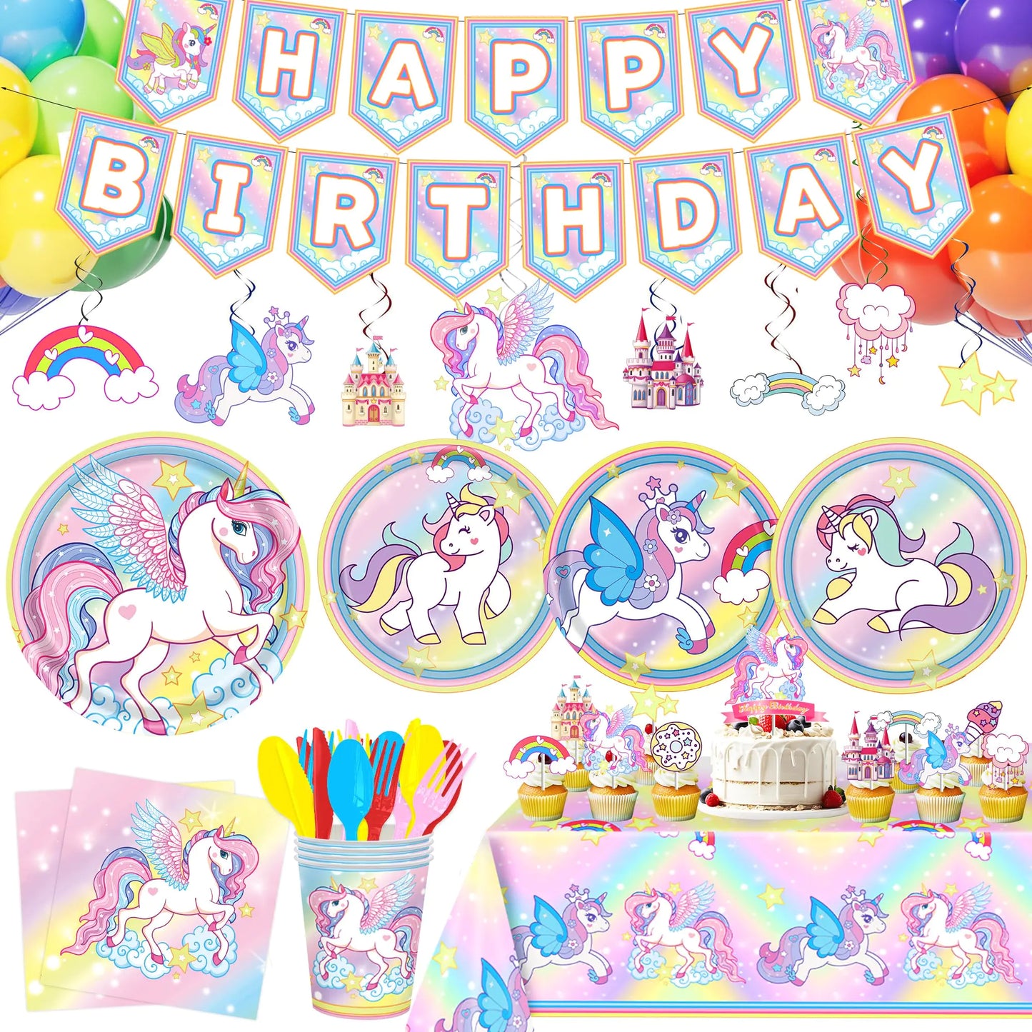 Unicorn Rainbow Disposable Party Supplies Set - 24 Guests