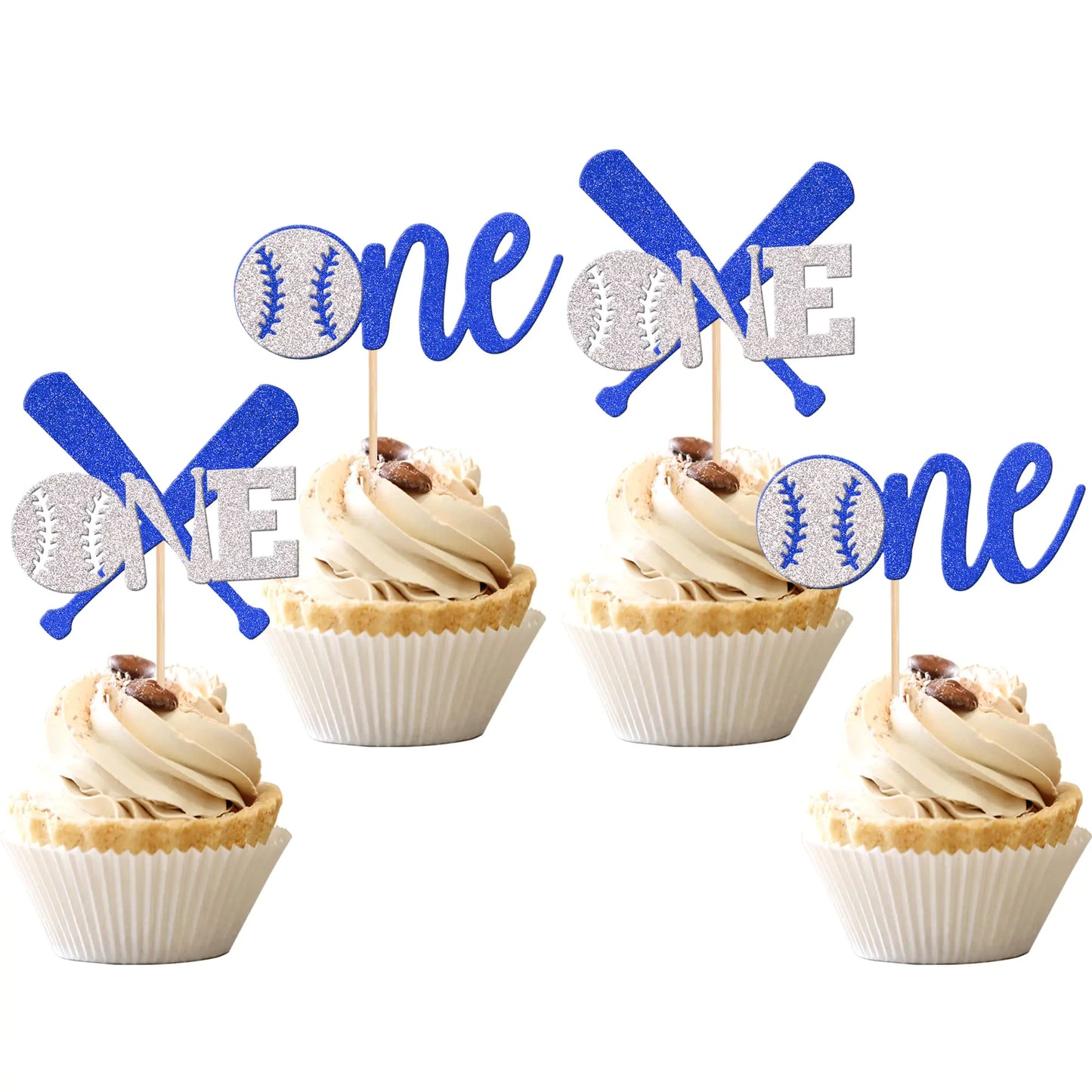 Baseball "One" Cupcake Toppers Blue & Silver - 24 ct