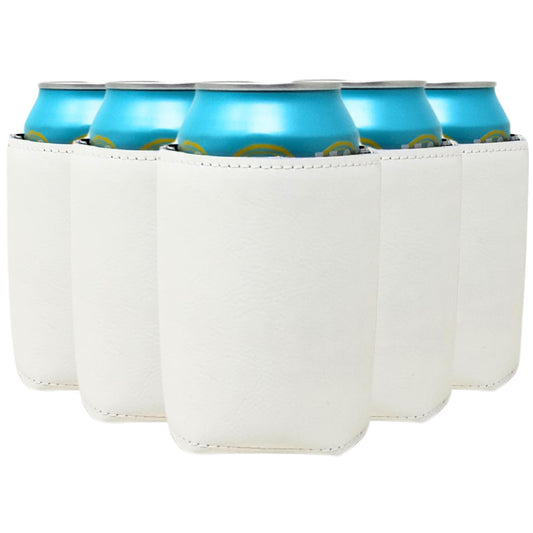 White Leatherette Can Cooler Sleeves, 12 oz Blank - 12 ct