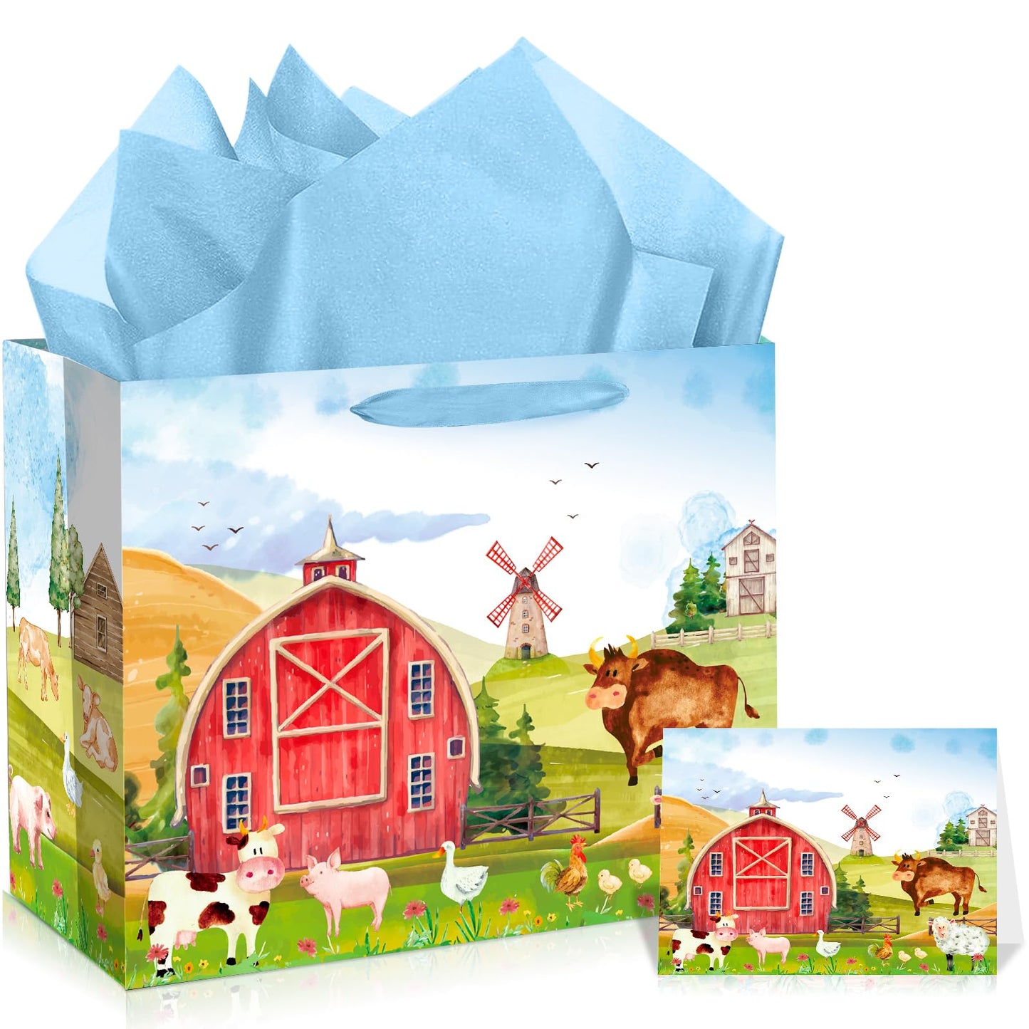 Farm Animal Barnyard Birthday Gift Bag with Card & Wrapping Paper
