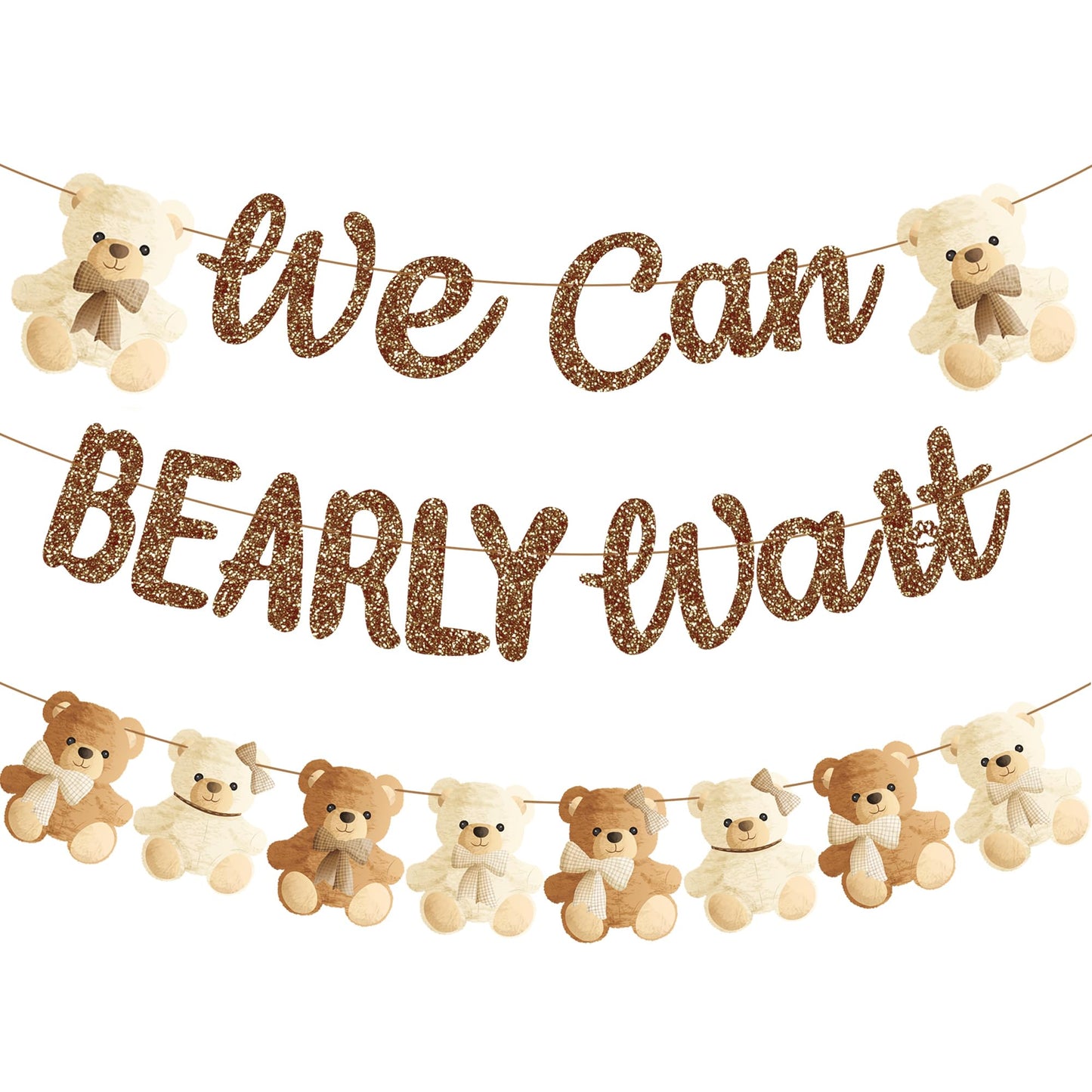 We Can Bearly Wait Teddy Bear Banner – Brown Glitter