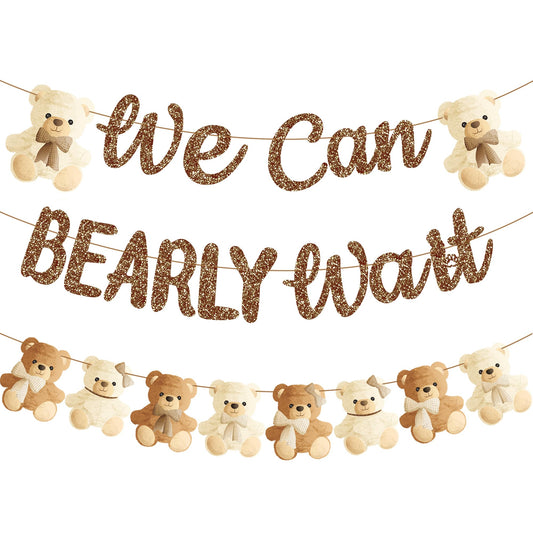 We Can Bearly Wait Teddy Bear Banner – Brown Glitter