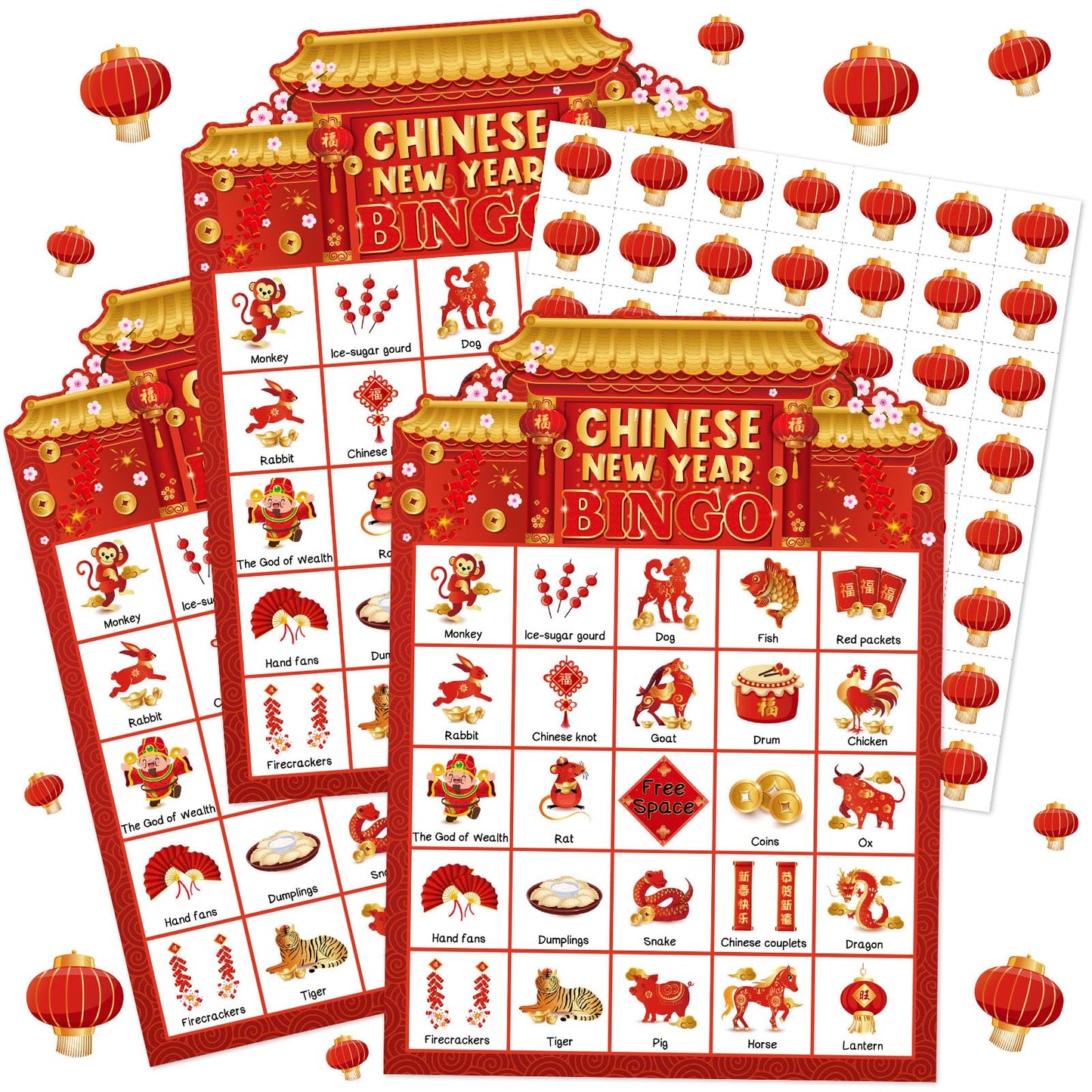 Liliful 35 Pcs Chinese New Year Bingo Games 24 Players Lunar New Year Bingo Cards 2025 Year of The Snake Party Games for Family Classroom Activities Spring Festival Party Favors Supplies(Lantern)