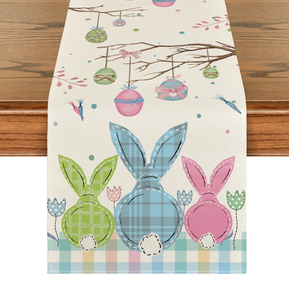 Artoid Mode Buffalo Plaid Bunny Egg Carrot Easter Table Runner Seasonal Spring Kitchen Dining Table Decoration for Home Party Decor 13x108 Inch