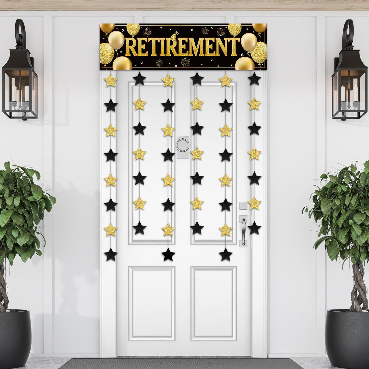 Blosssound Retirement Party Decoration Happy Black Gold Retirement Door Banner with Star Hanging Garland Retired Photo Booth Doorway Curtain Backdrop for Going Away Farewell Party Decoration Supply