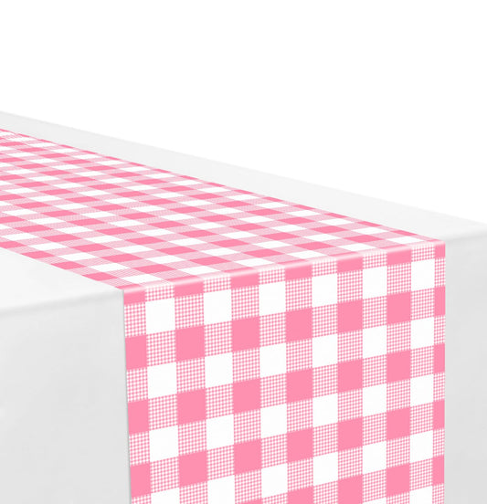 MUNILAIL 4 Pack Disposable Plastic Tablecloth and Table Runner Set White Table Cloth Hot Pink Gingham Table Runner for Birthday Wedding Baby Shower Party Disposable Table Cover