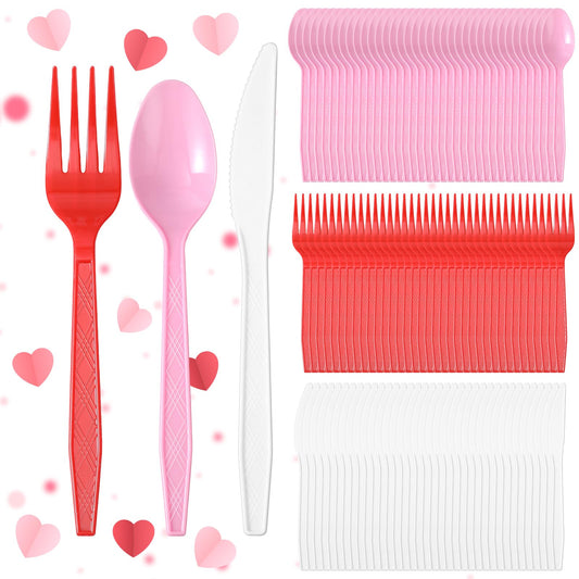 Red, Pink & White Plastic Party Cutlery Set – 300 Piece