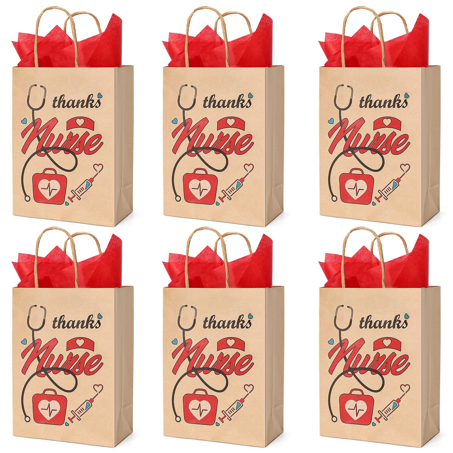 YNERHAI 24 Pieces Nurse Gift Bags With Tissue Paper Small Brown Nursing Gift Bag Bulk For Nurse Week Graduates School Party Supplies National Nurse Appreciation Day