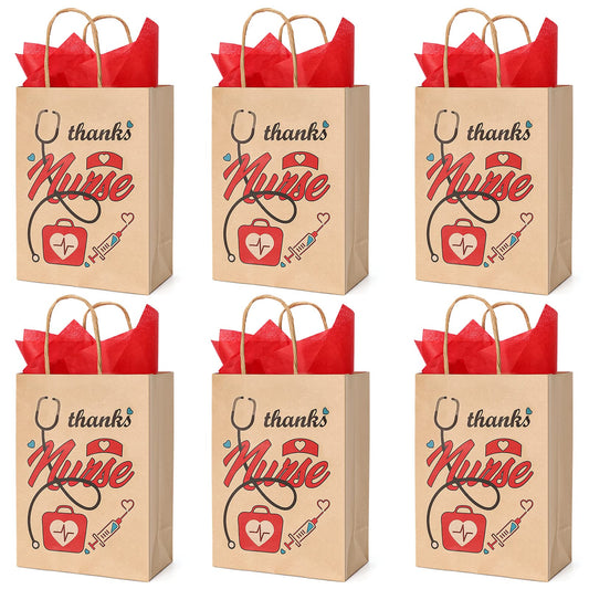 YNERHAI 24 Pieces Nurse Gift Bags With Tissue Paper Small Brown Nursing Gift Bag Bulk For Nurse Week Graduates School Party Supplies National Nurse Appreciation Day