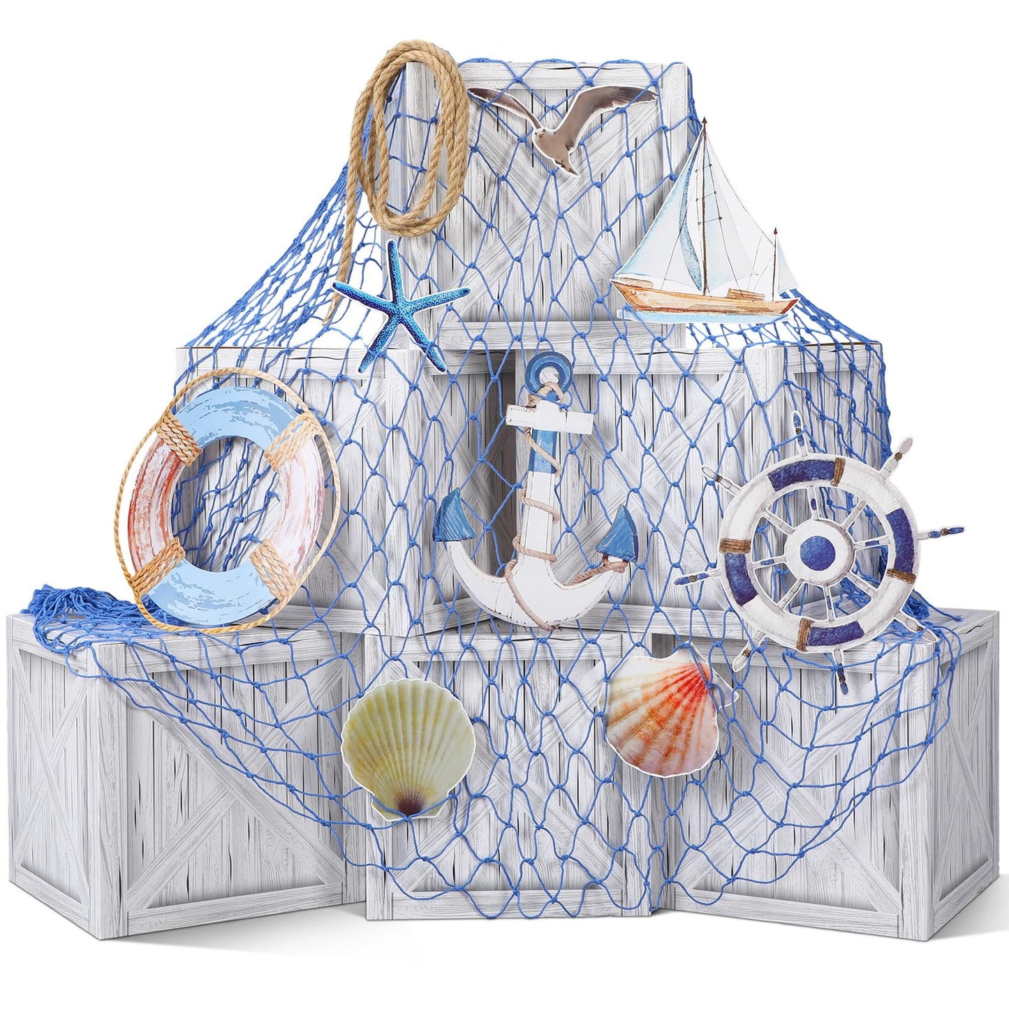 JellyArch 18 Pcs Nautical Party Decorations Imitation Wooden Box Fishing Net Car Trunk or Treat Decor Ocean or Pirate Party Favors Adventure Birthday Party Decorations Photo Booth Props(Blue)