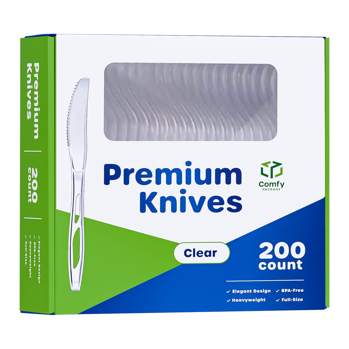 Comfy Package [200 Count Premium Heavyweight Disposable Knives - Clear Plastic Knives Heavy Duty Perfect for Parties Events and Catering