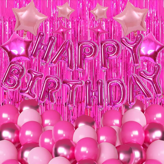 Hot Pink Birthday Party Decorations Kit – Banner, Fringe Curtain & Balloons