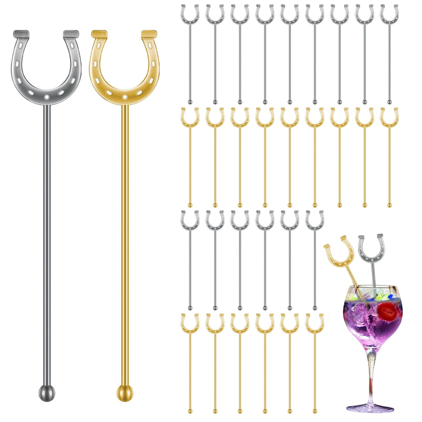 Sunnychicc Derby Drink Plastic Stirrers Swizzle Sticks for Cocktails Coffee Reusable U Shaped Horseshoe Drink Stirrers for Coffee Beverage Party Bar Weddings Events (Goldsilver30 Pcs)