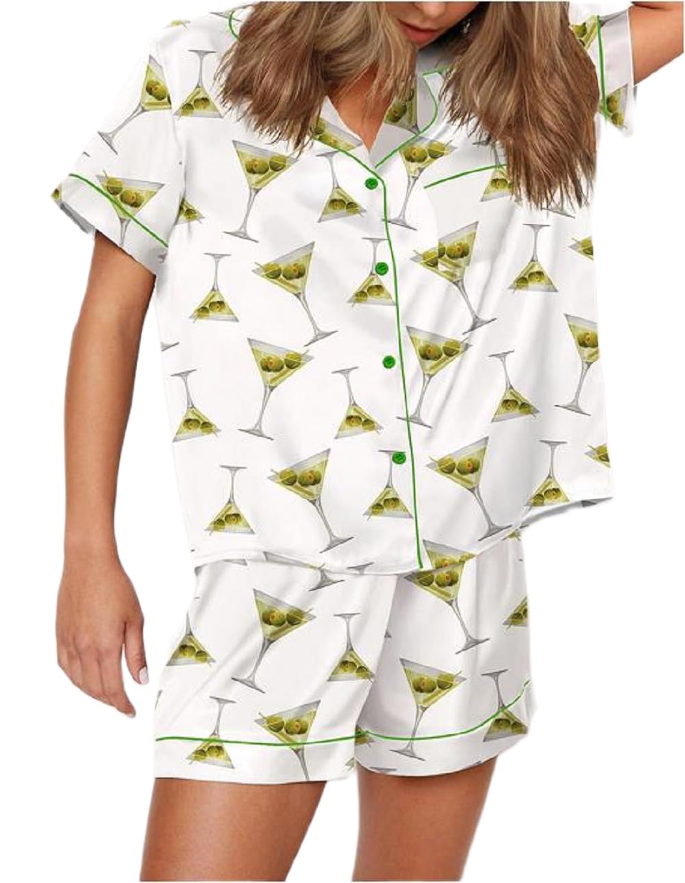 Juakoso Champagne Bottle Pajamas Women Short Sleeve Button Lounge Sets Wine Print Shorts Pjs Espresso Martini Sleepwear