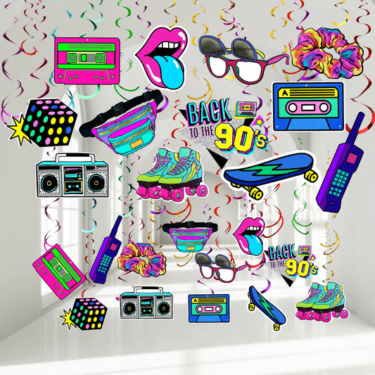 90s Retro Hanging Swirl Ceiling Decorations – 48 Piece