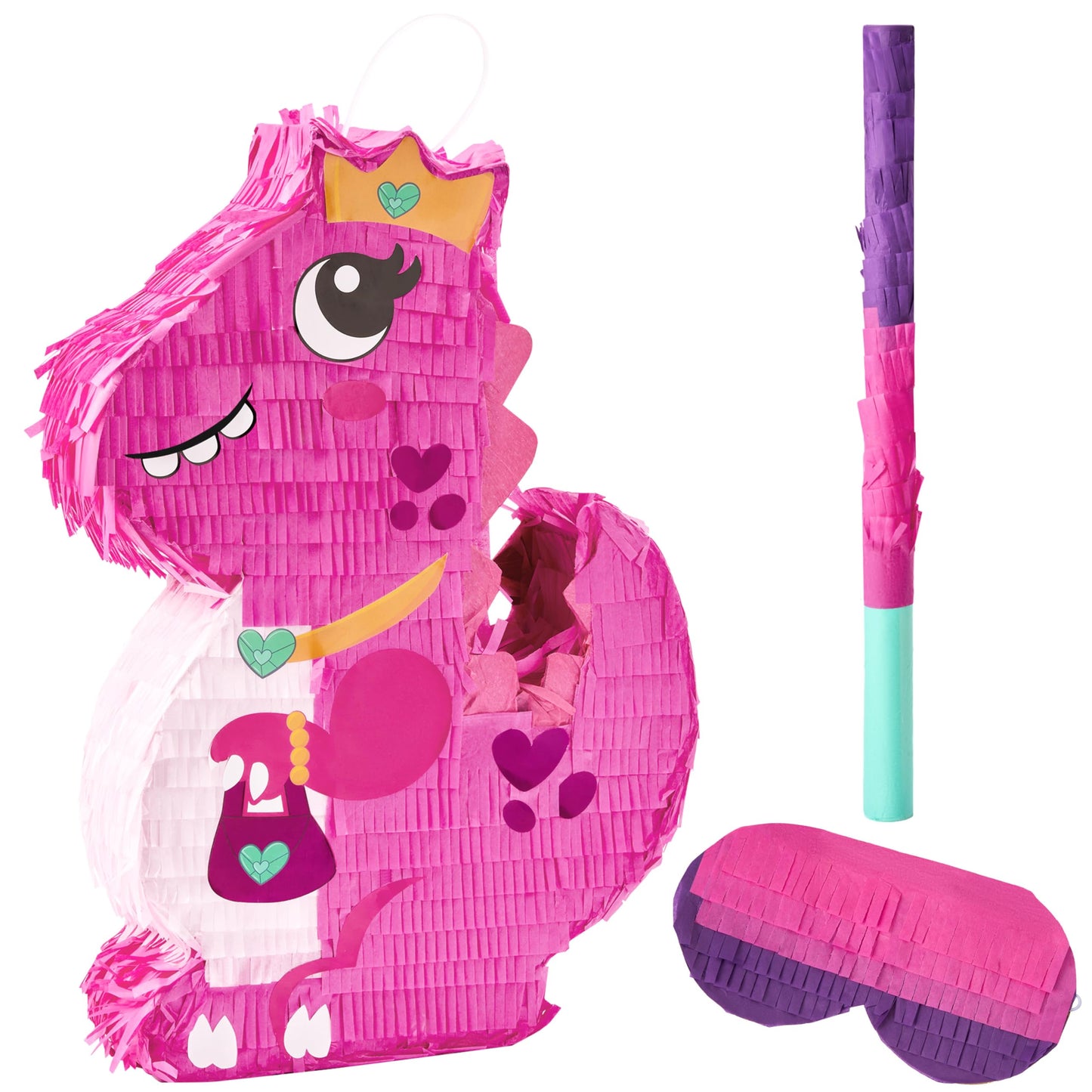 Pink Dinosaur Girl Piñata with Stick