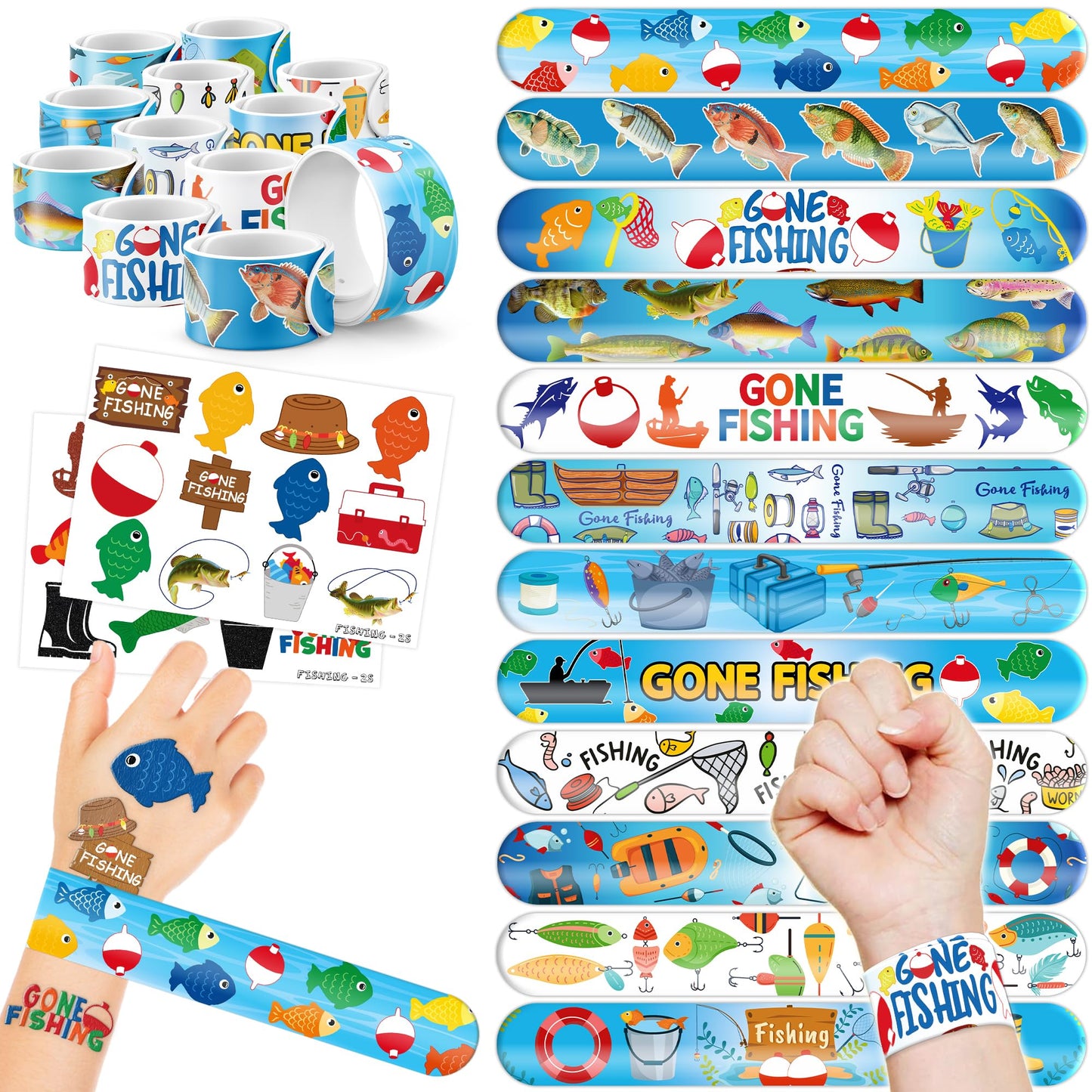 Gone Fishing Slap Bracelets & Temporary Tattoos Party Favours – 48 Pack