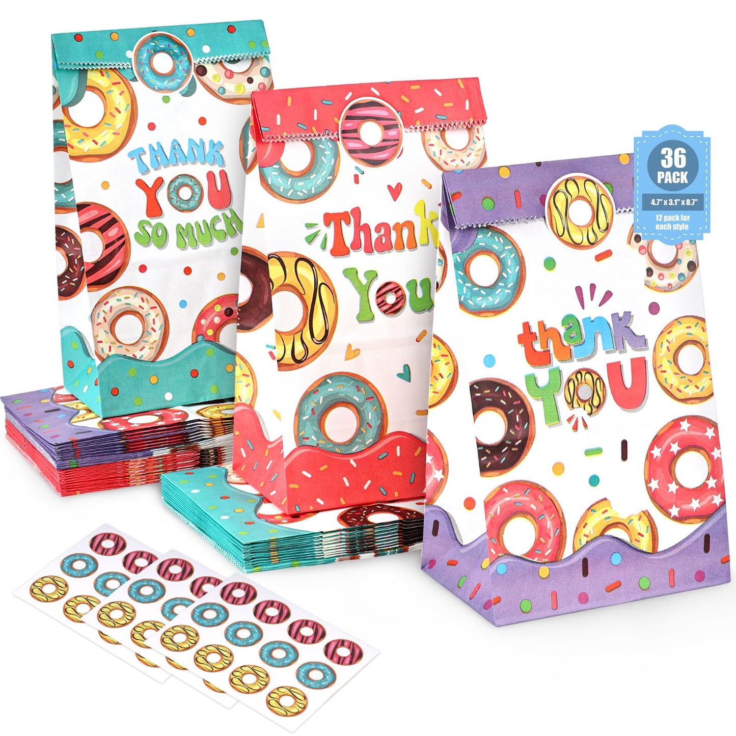 Donut Party Favour Bags with Stickers – 36 Pack
