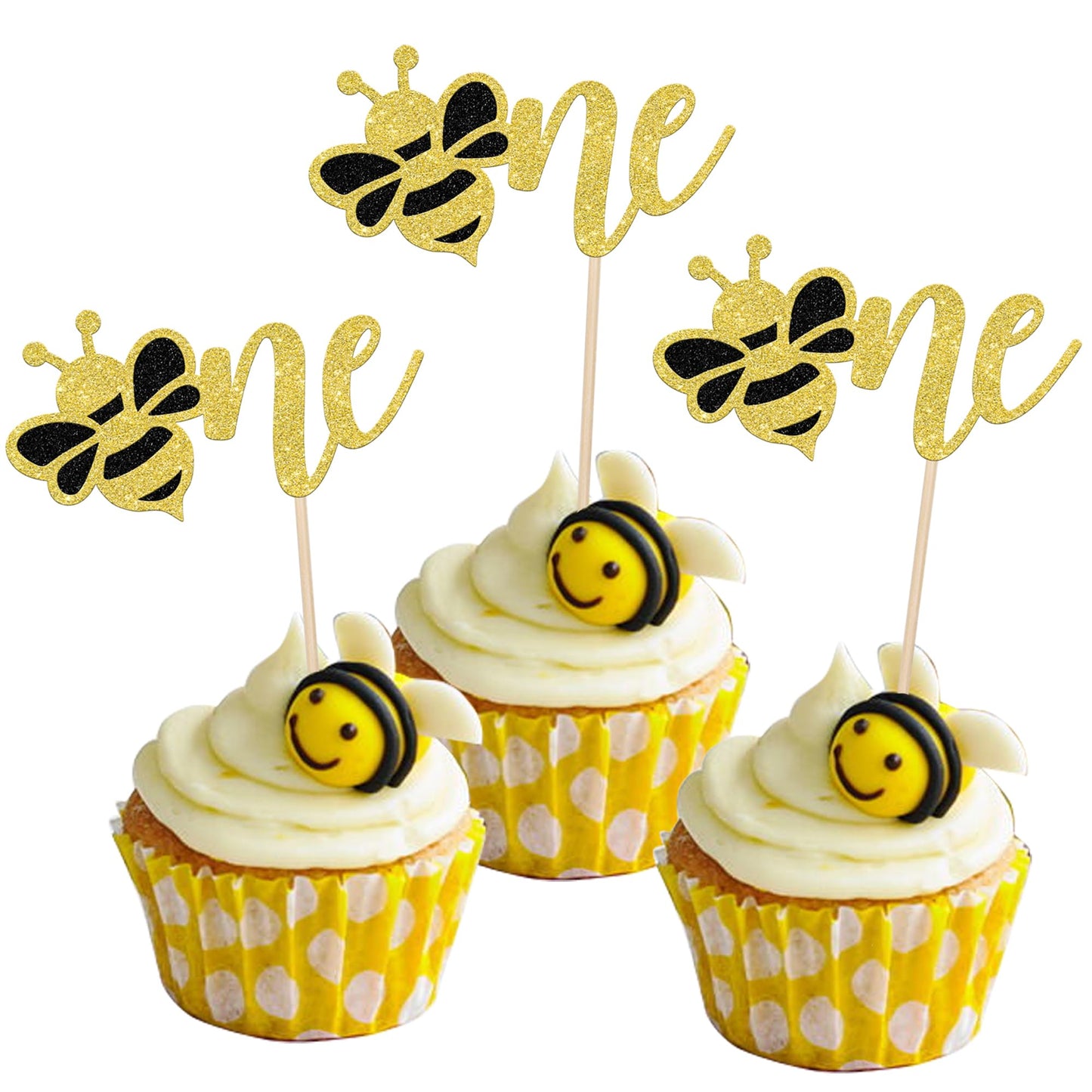 24 PCS Bumble Bee One Cupcake Toppers Glitter 1st Birthday Party Cupcake Picks Decorations for Bee Theme Baby Shower Kids First Birthday Party Supplies