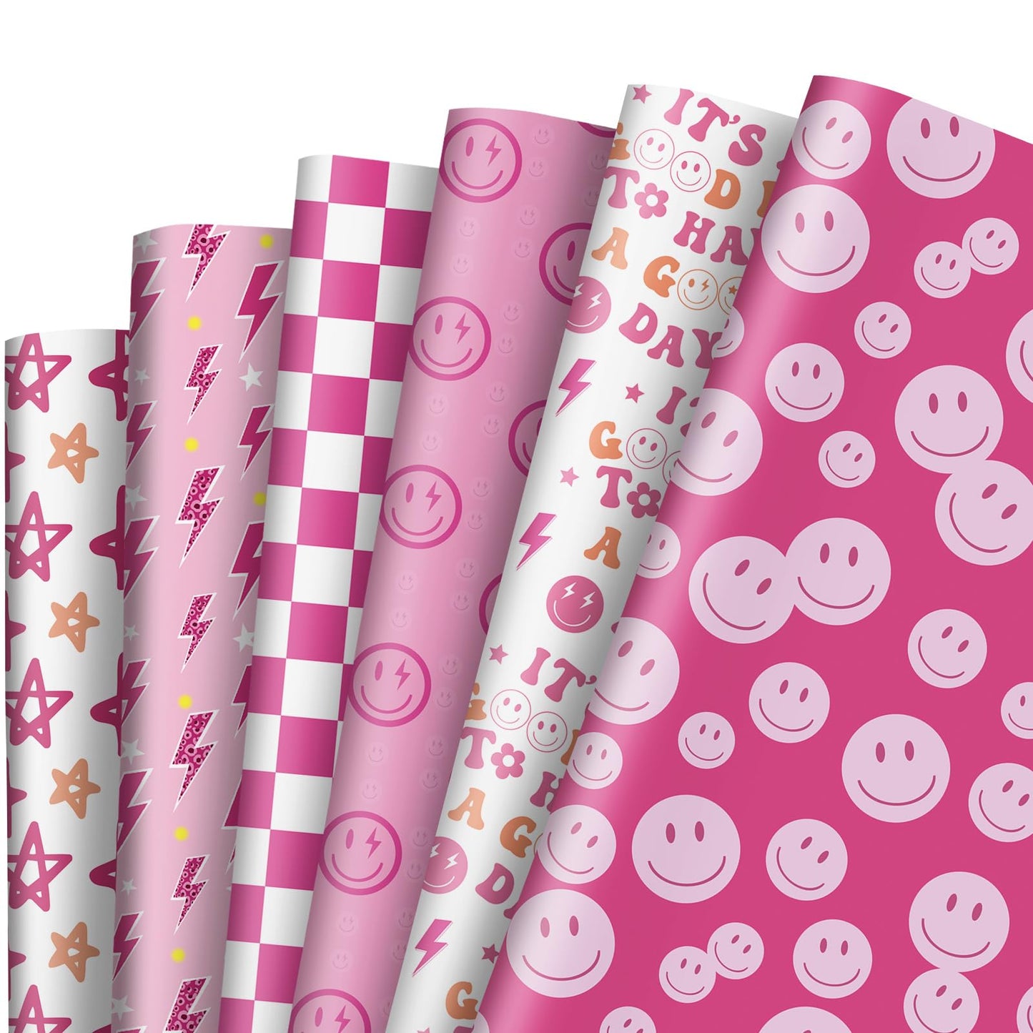 Pink Preppy Smile Face Star Gift Wrapping Paper – 12 Sheets