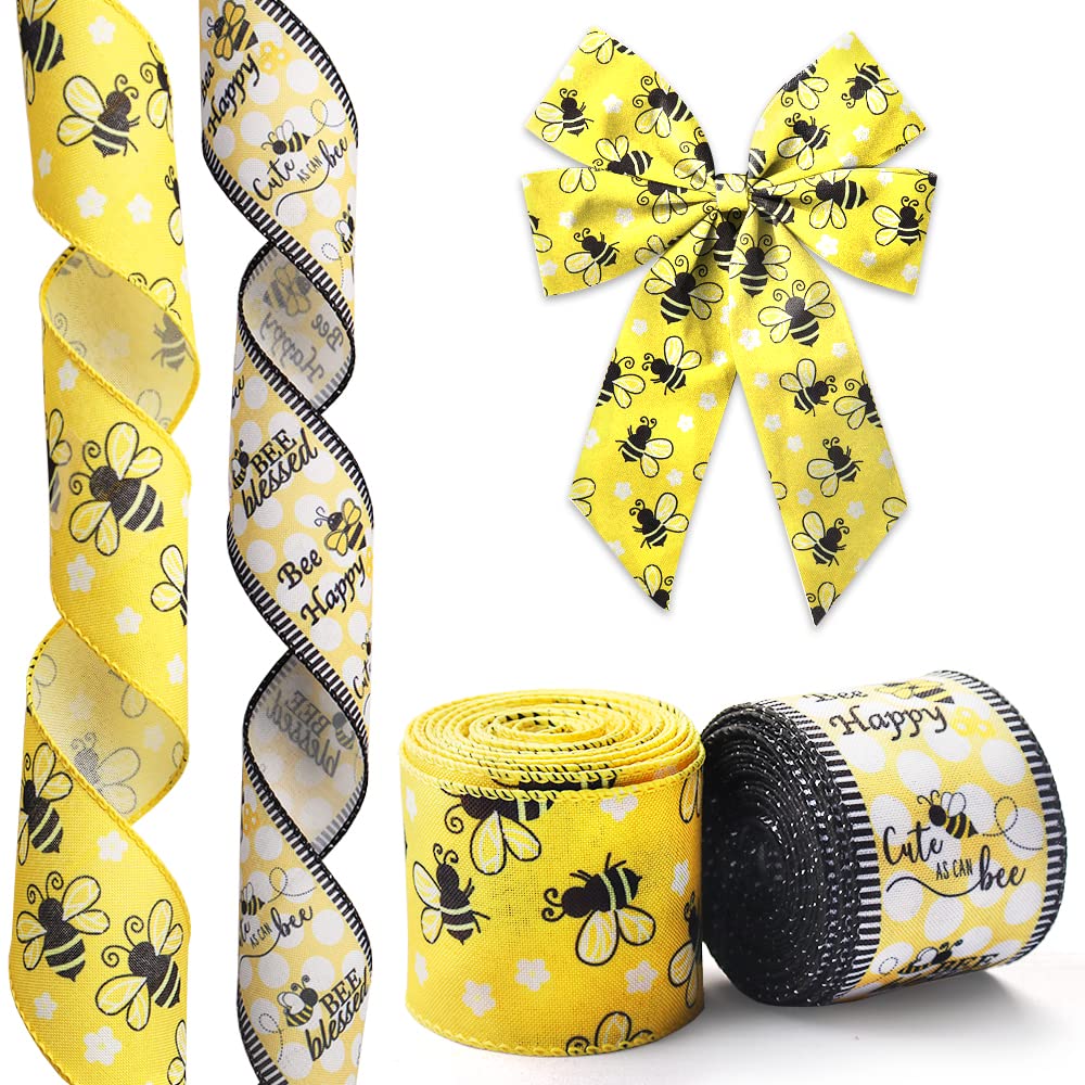 Hying 2 Rolls Spring Bee Ribbons Wired for Wreath Bows Wrapping Gifts Bumblebees Ribbon for Gift Wrapping Birthday Party Decoration DIY Crafts 2.5" X 10 Yards Yellow Black Stripe Wired Edge Ribbon