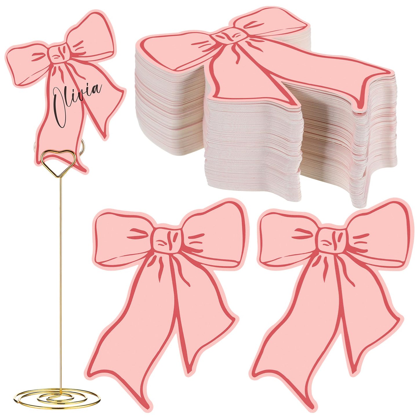 MotiMind 120 Pcs Pink Bow Place Cards Pink Thank You Cards Place Cards for Table Setting Blank Seat Assignment Label Cards Bow Party Decorations Table Seating Cards for Babyshower Wedding Party Buffet