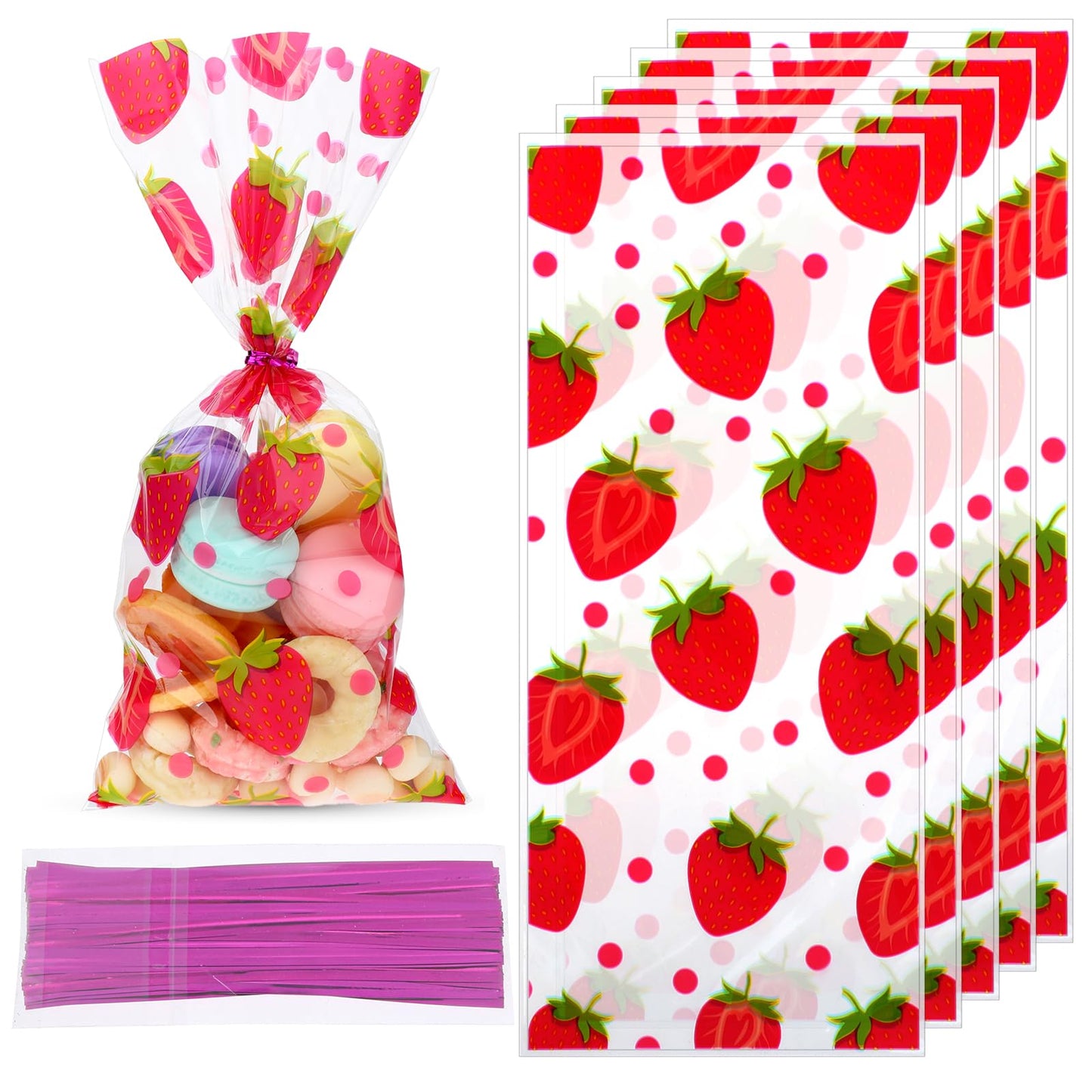 Strawberry Cellophane Treat Bags with Twist Ties – 50 Pack