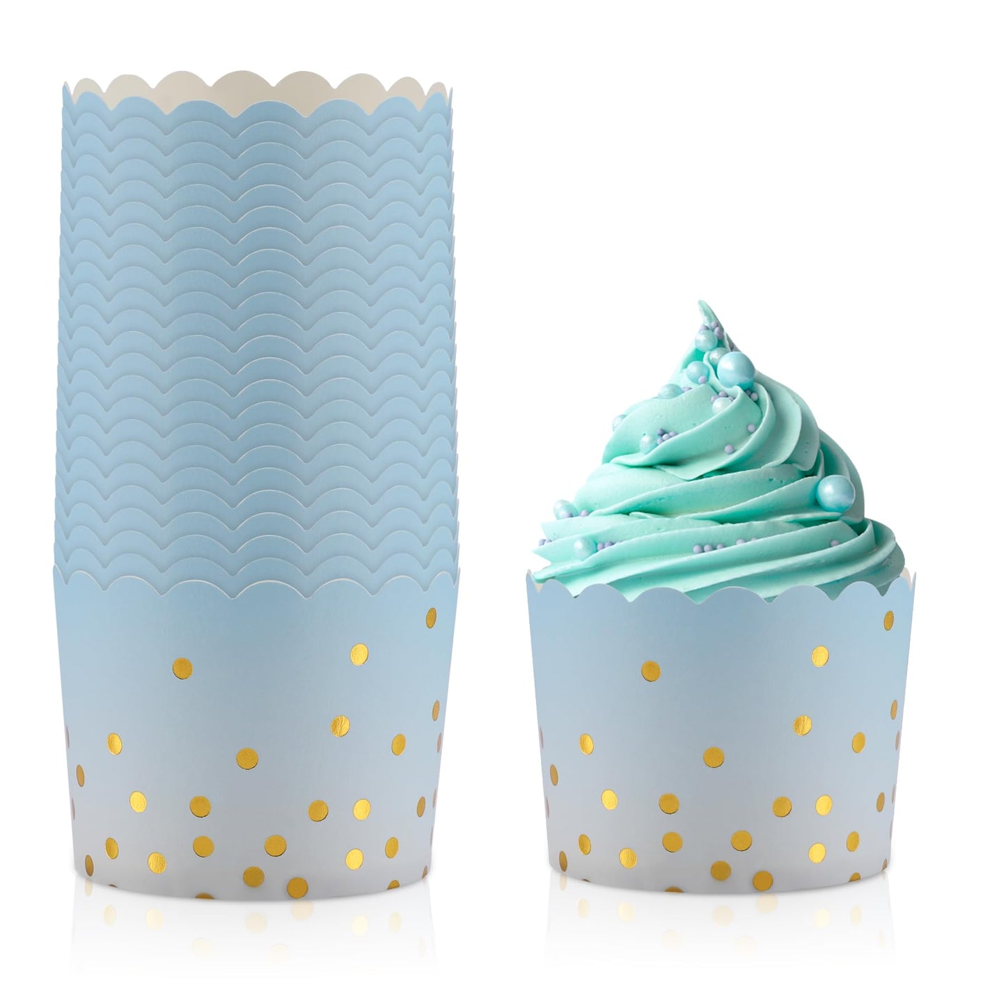 TRUSBER Cupcake Liners for Baking Standard Size Blue Muffin Paper Liners with Gold Polka Dots 50Pack Baking Cups for Baby Shower Birthday Party