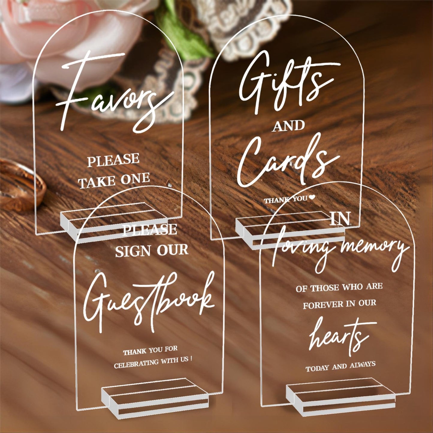 Clear Acrylic Wedding Signs Set – 4 Piece, 5 x 7 Inch with Stable Holders